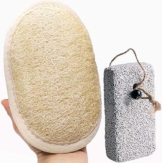 Coimoon Set of 2- Exfoliating Organic Loofah Face Pads and Shower Sponge with Natural Pumice Stone, Loofa, Luffa, Puff Sponge Scrubber Body for Men and Women in Bath, Spa and Shower (2 Pack)