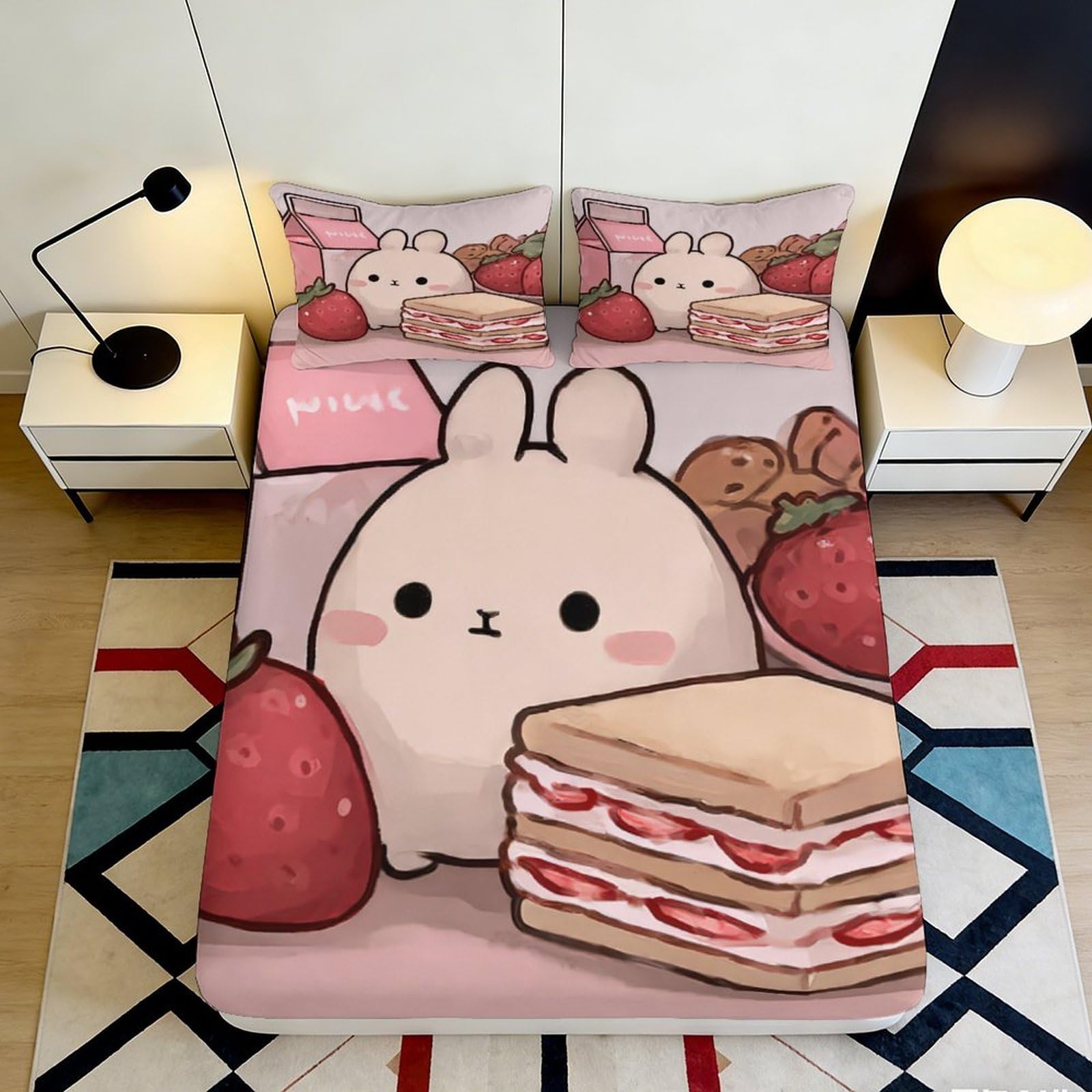 3D Printed Cartoon Strawberry Bunny Fitted Sheet Microfiber Deep Pocket Non-Slip Bedroom Bedding Strawberry Mattress Fitted Cover for Adults Teens 180x200x25cm