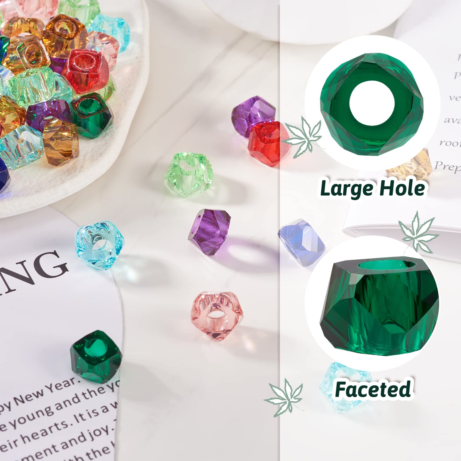 Bestewelry 120 perline in resina europee con foro grande, 8 colori, sfaccettate, poligonali, distanziatori, perline assortite trasparenti, per bracciali, collane, orecchini, foro: 5,5 mm