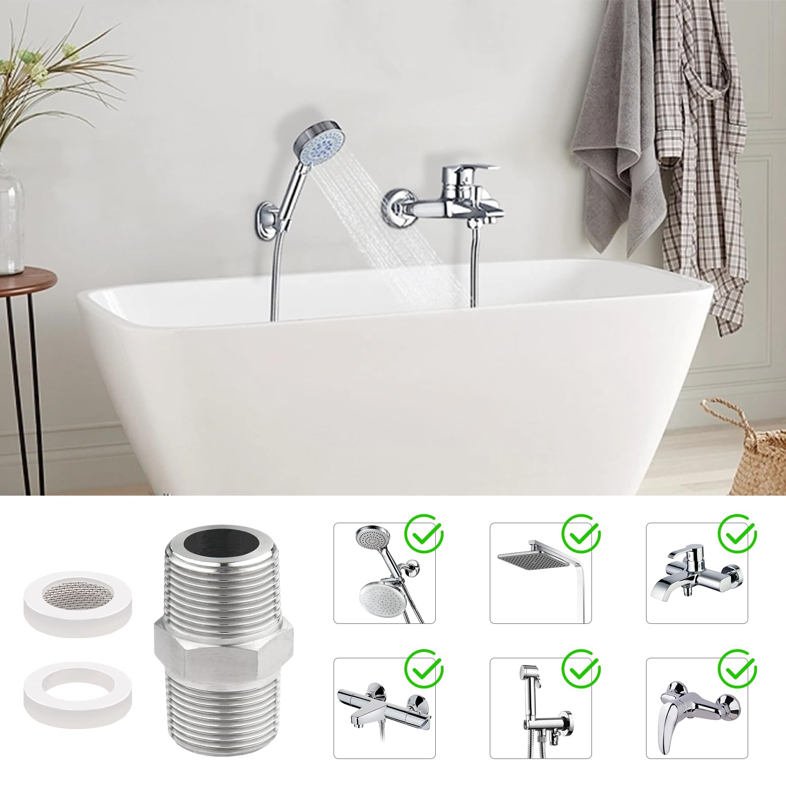 Adapter węża prysznicowego 1/2" ze stali nierdzewnej, podwójna złączka, przedłużka, złączka, złączka gwintowana, adapter z 1 szt. Bubbler, filtr napowietrzający, element 1 x uszczelka
