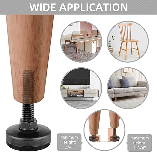 Miniatura 6 de Niveladores de patas resistentes de 38 pulgadas a 16 hilos, 6 pies de nivelación ajustables, niveladores de muebles atornillados con insertos