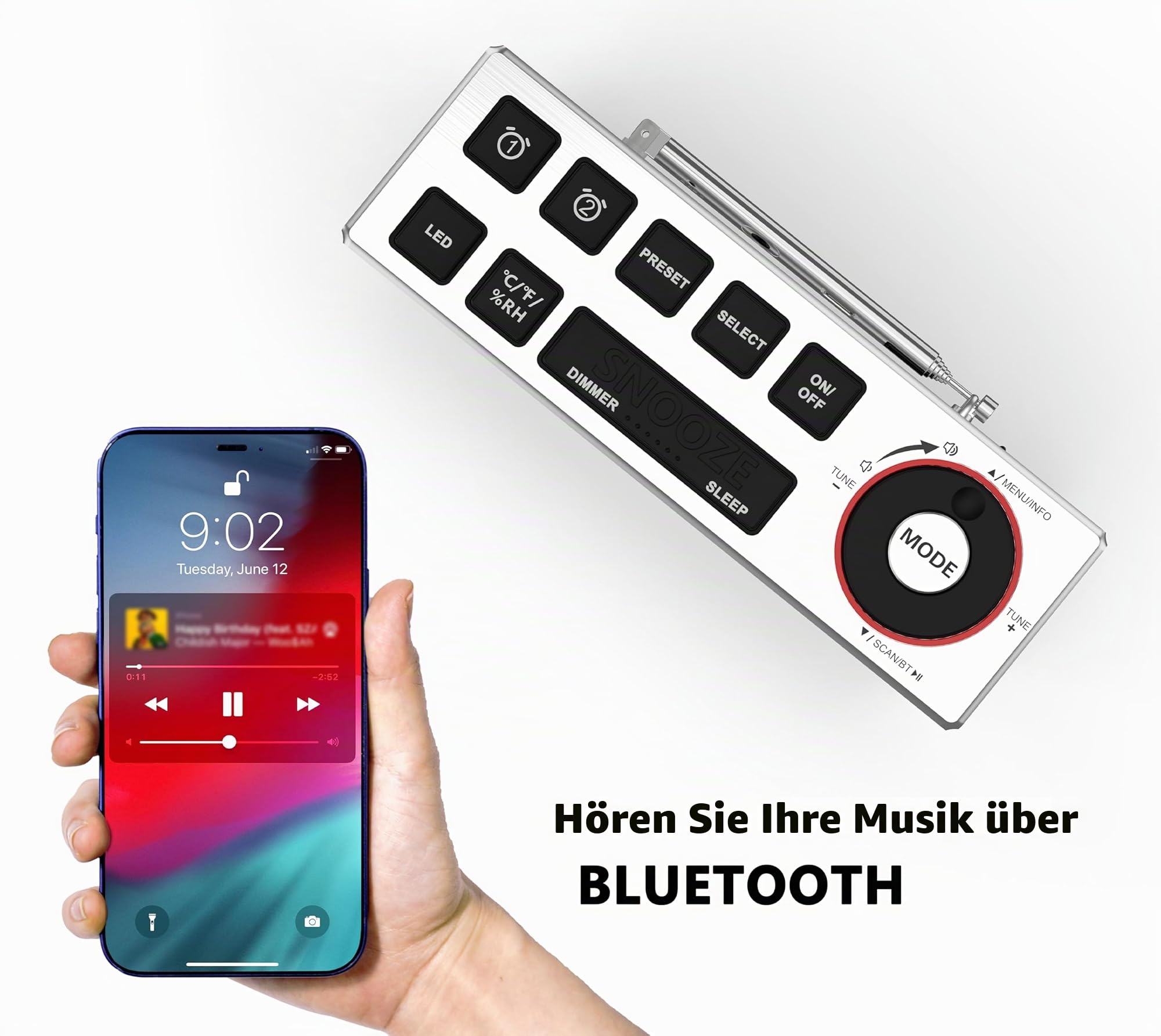 DAB+ & FM-Radiowecker mit Bluetooth, 40 Voreinstellungen, Kopfhörer, Dual-Weck mit Schlummer und Schlaf-Timer, Zwei Ladeanschlüsse, Dimmbare, Temperatur Feuchtigkeitsanzeige, LED-Display-Wecker 508D