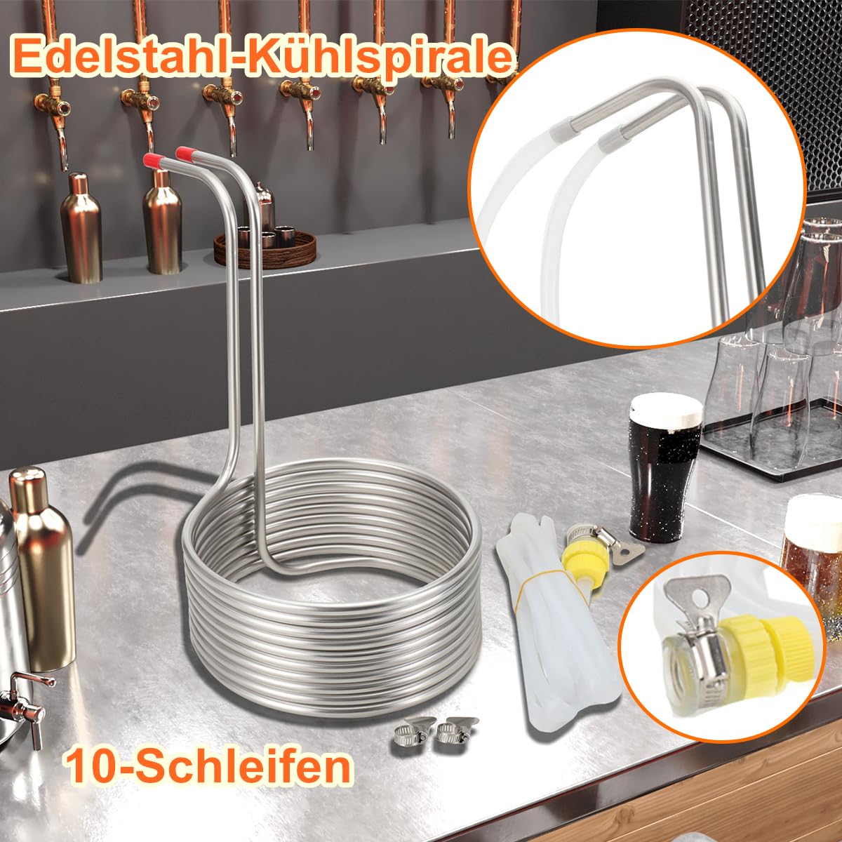 Kühlspirale Eintauchkühler Kühlschlange Maischekühler Kühlspirale Ø 23cm Bier Kühler Kühlrohr Brauerei Bier Kühlschlange Würzekühler Rohr mit 2 * 2m Silikonschläuche, Verbindungsstücke