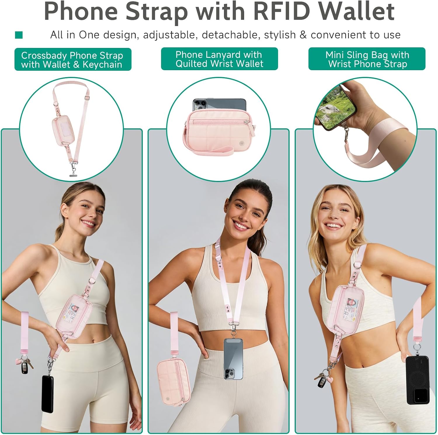Phone Lanyard Clip and Go Strap for Phone with Wallet Nylon Quilted RFID Wristlet Travel Wallets with Zipper ID Window