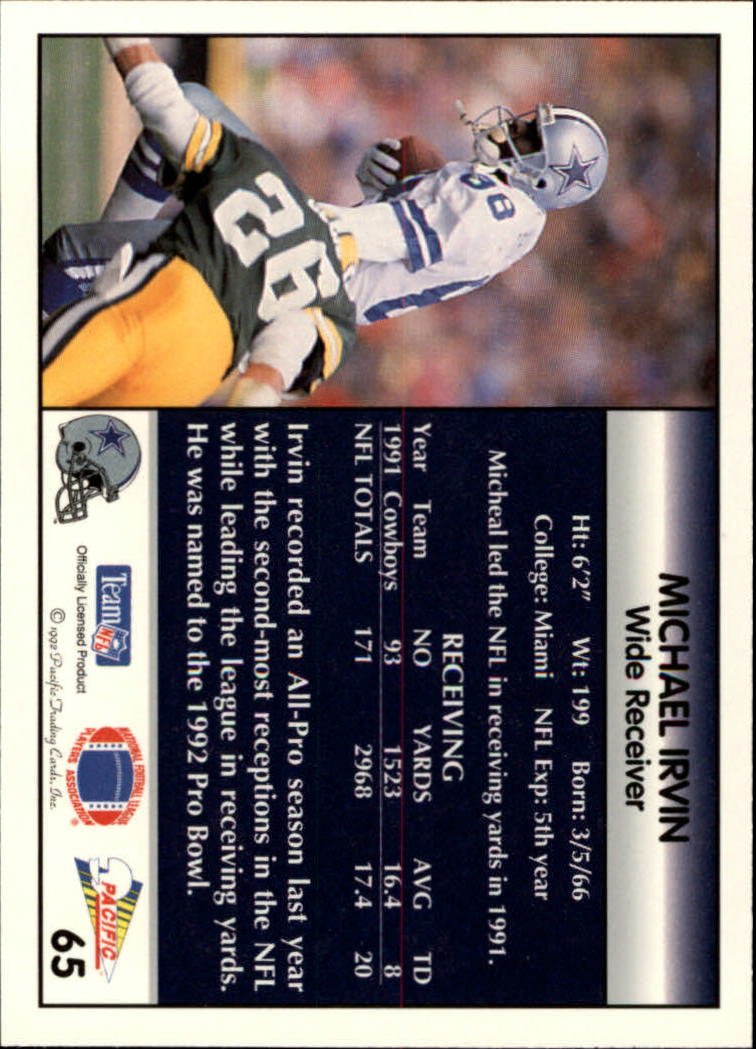 Amazon.com: 1992 Pacific Football Card #65 Michael Irvin : Collectibles &  Fine Art