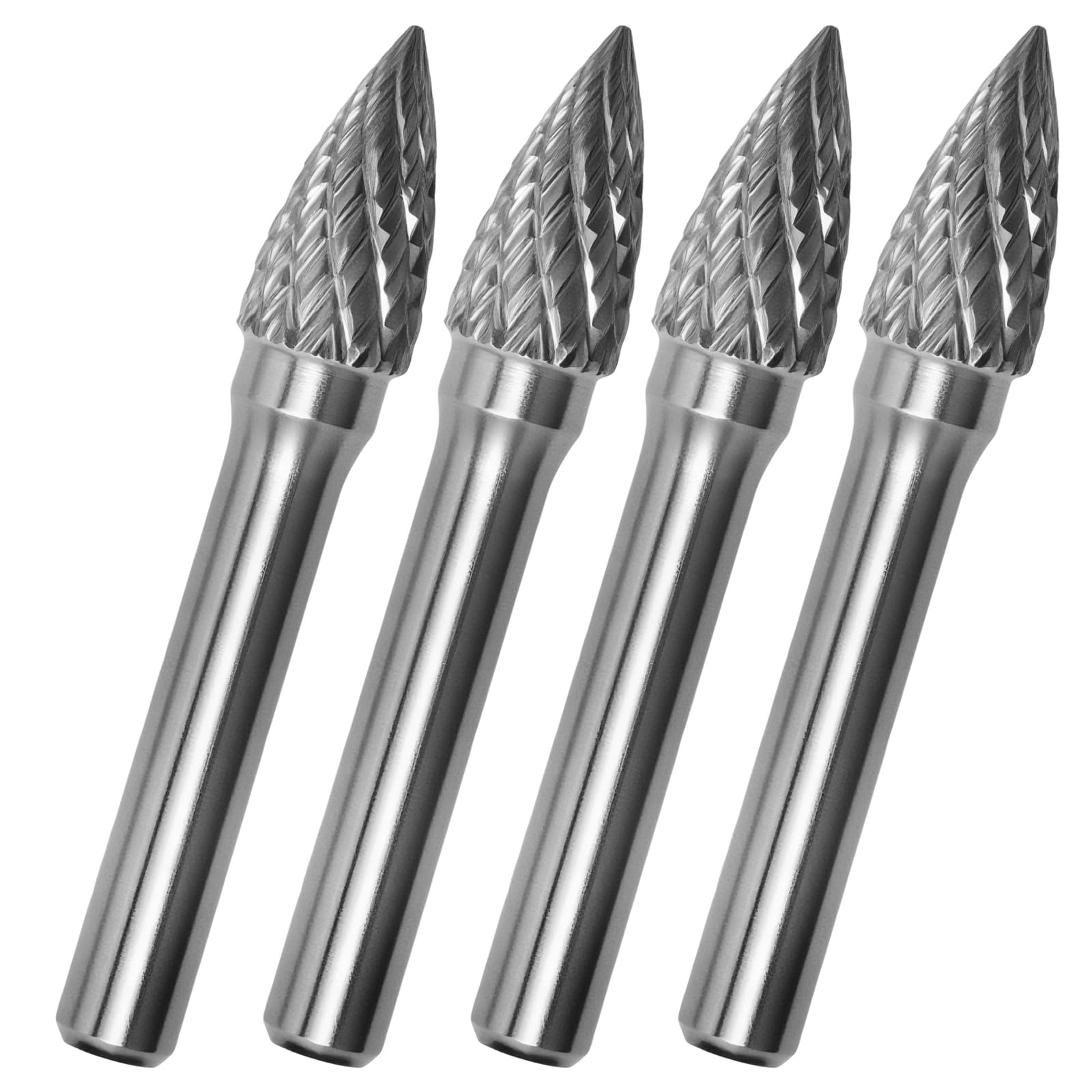 Hoypeyfiy SG-3 Doppelschneid-Hartmetall-Frässtift-Set, spitz, baumförmige Schleifköpfe, 0,6 cm Schaft, 1 cm Kopf, Schneideisen-Bits für Metall, Holz, Kunststoff, Gravieren und Polieren, 4 Stück