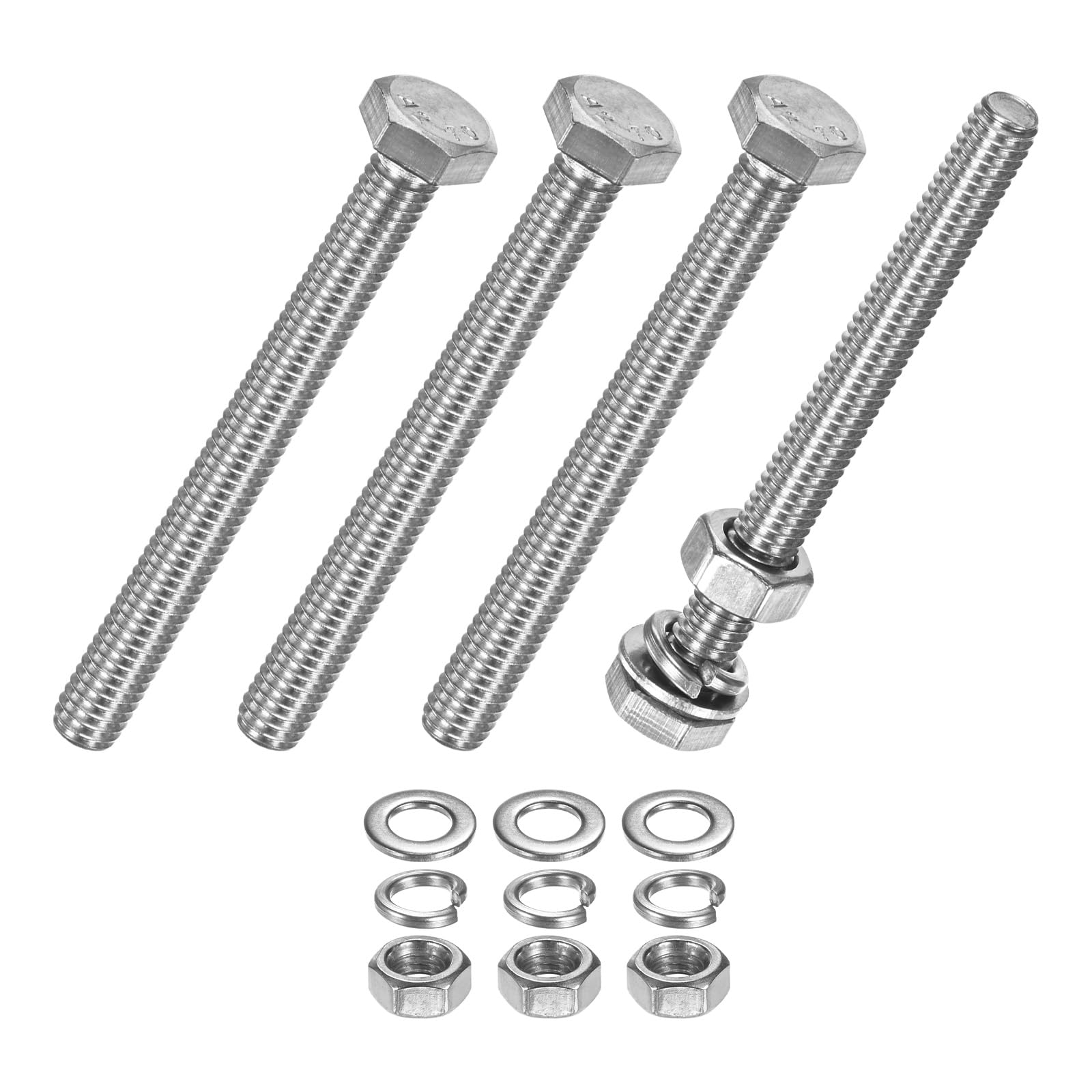 M METERXITY 4-Pack Hex Head Screw Bolt with Nuts Flat & Lock Washers M6x60mm Stainless Steel Bolts and Nuts Kit Fully Threaded Metric Bolt Assortment for Equipment/Machinery