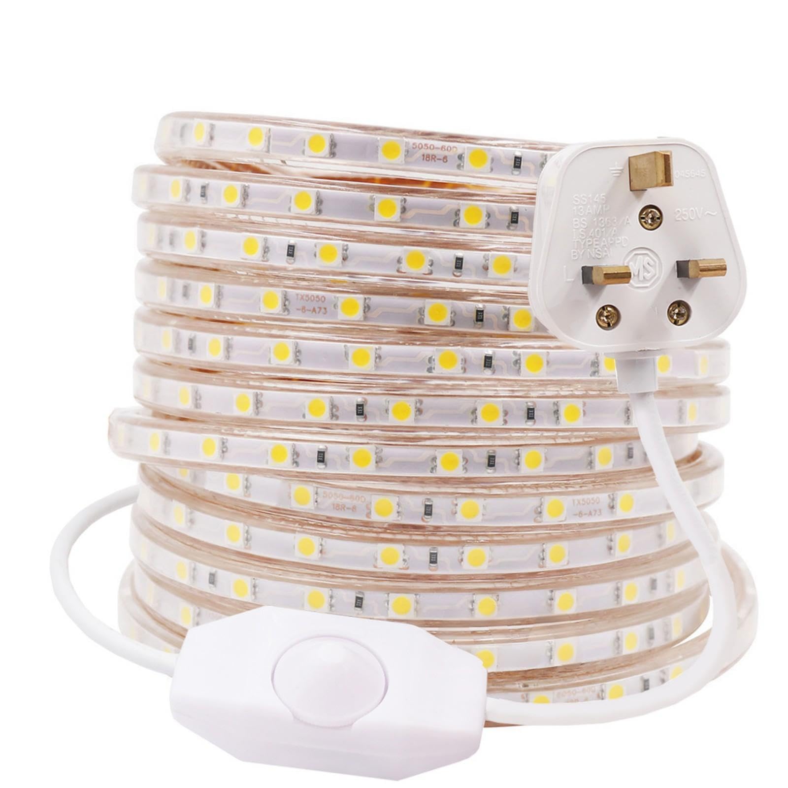 Gql Warm White 12M Dimmable Led Strip Mains Powered, Smd 5050 60Leds/M Ip65 Waterproof Commercial Rope Light With Uk Plug, Diy Indoor Outside Decor Ribbon Lighting