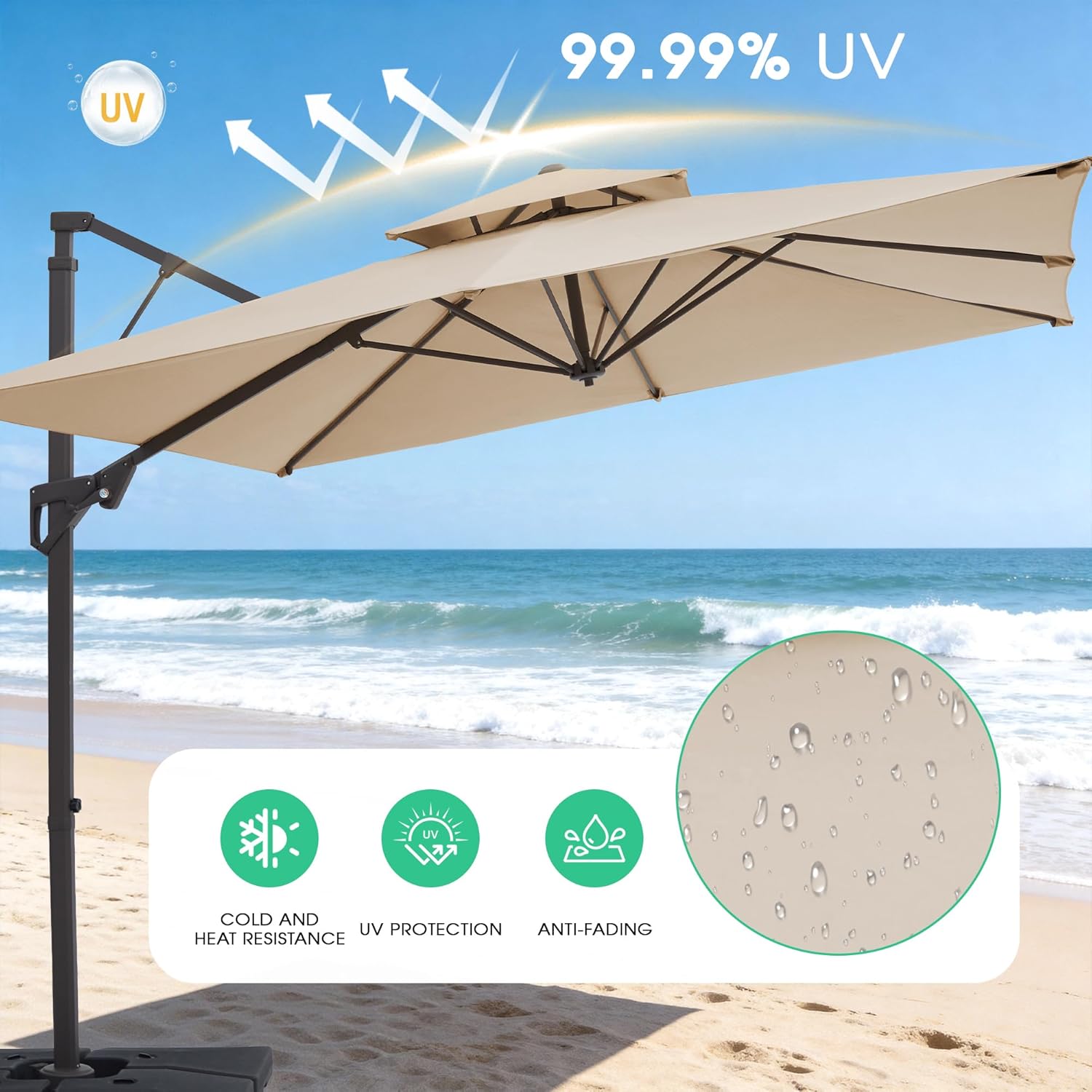 JEAREY 10ft 2-Tier Cantilever Patio Umbrella, Large Square Outdoor Offset Umbrella with Double Top Vent and 360-degree Rotation for Garden, Deck, Pool, Patio, Beige