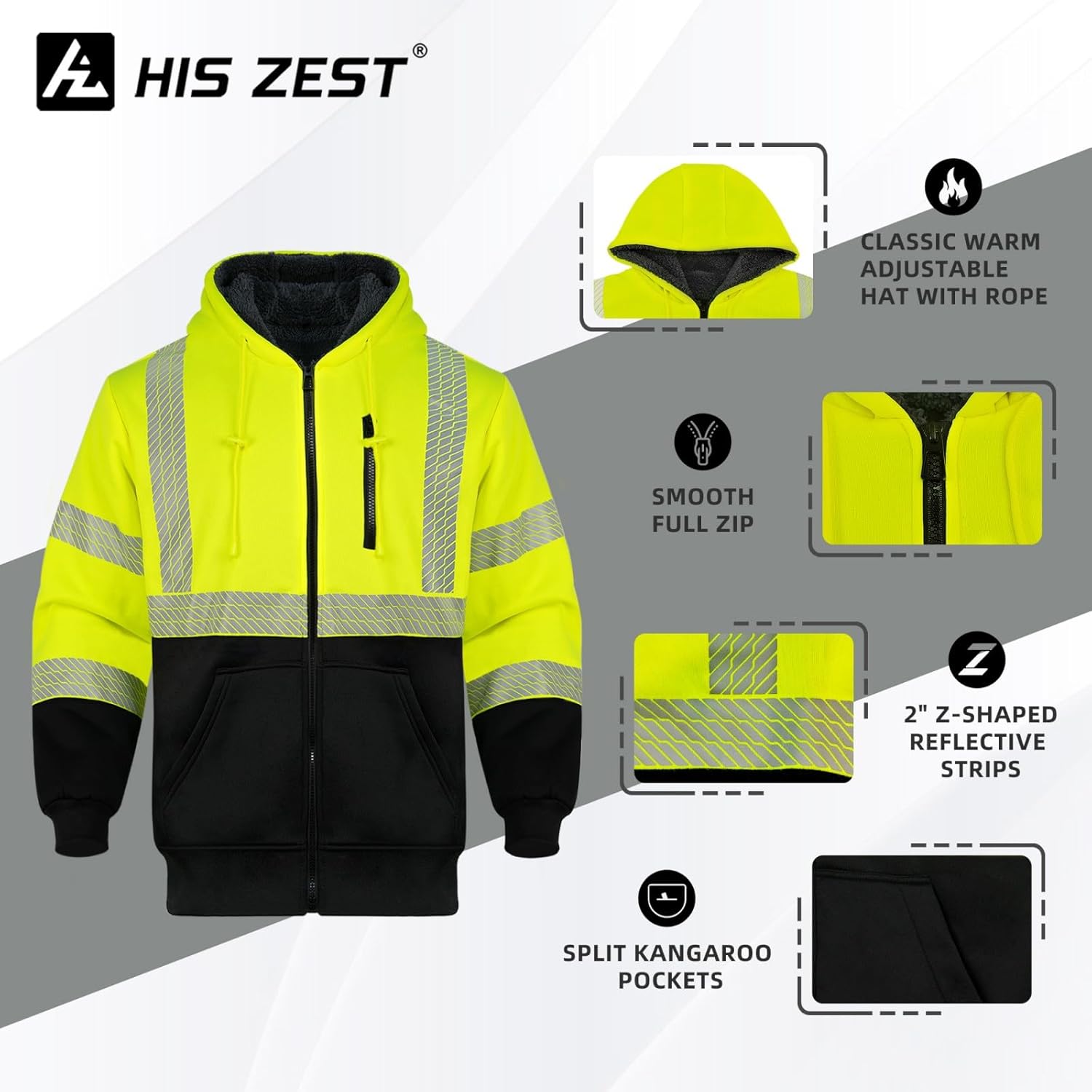 Hi Vis Hoodie Reflective Safety Jacket for Men,Class 3 High Visibility Sweatshirt Zipper for Work Construction - Image 4