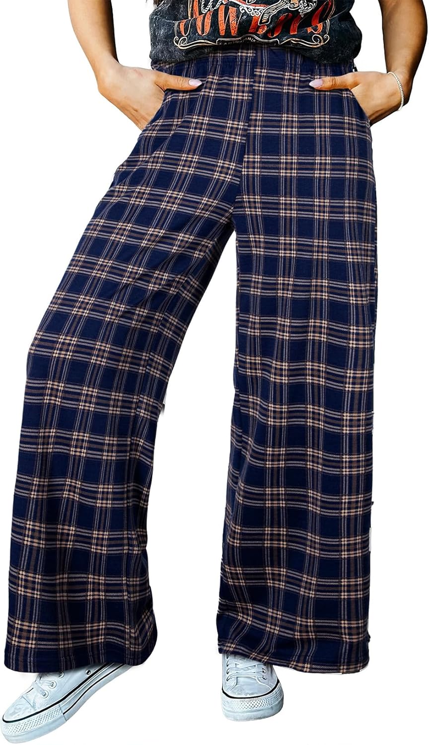 Acelitt Womens Casual Checkered Pants Elastic Waist Comfy Loose Wide Leg Pants with Pockets