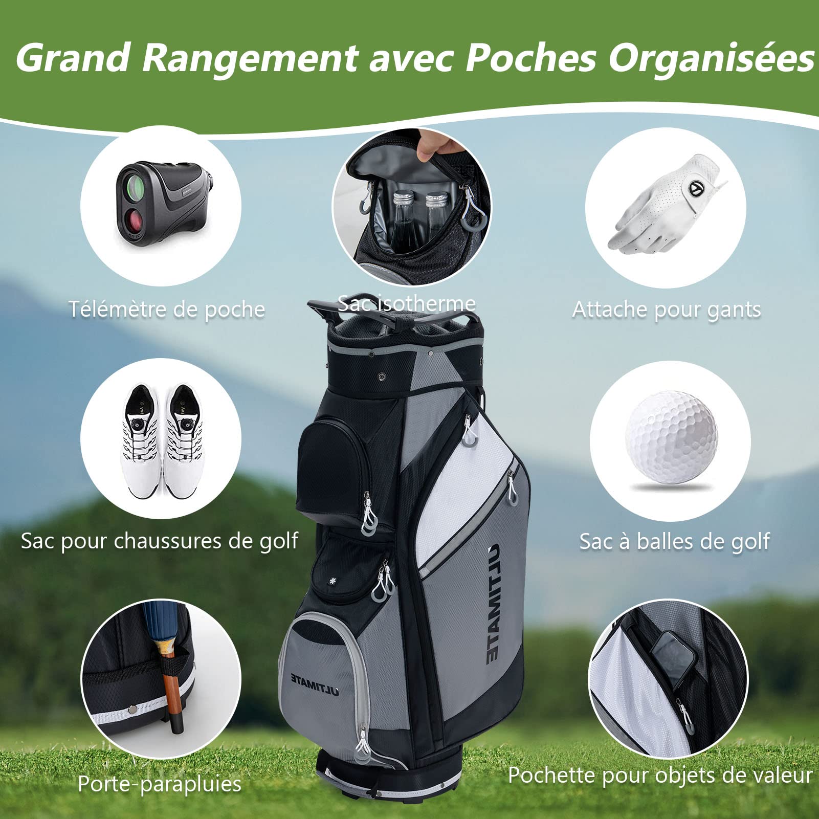 GOPLUS Sac de Chariot de Golf 14 Compartiments séparés avec Capuche Anti-Pluie, Sac de Voyage de Golf léger et Portable avec Housse Anti-poussière, bandoulière, Sac étanche pour Objets de Valeur