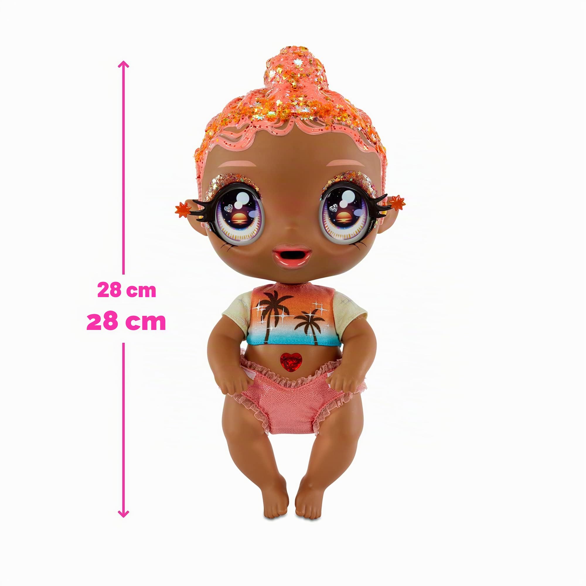 Glitter Babyz Muñeca Solana Sunburst - Con 3 cambios de color mágicos, pelo rosa coral y vestido tropical - Incluye pañal, biberón y chupete reutilizables - Para coleccionar - Edad: 3+ años