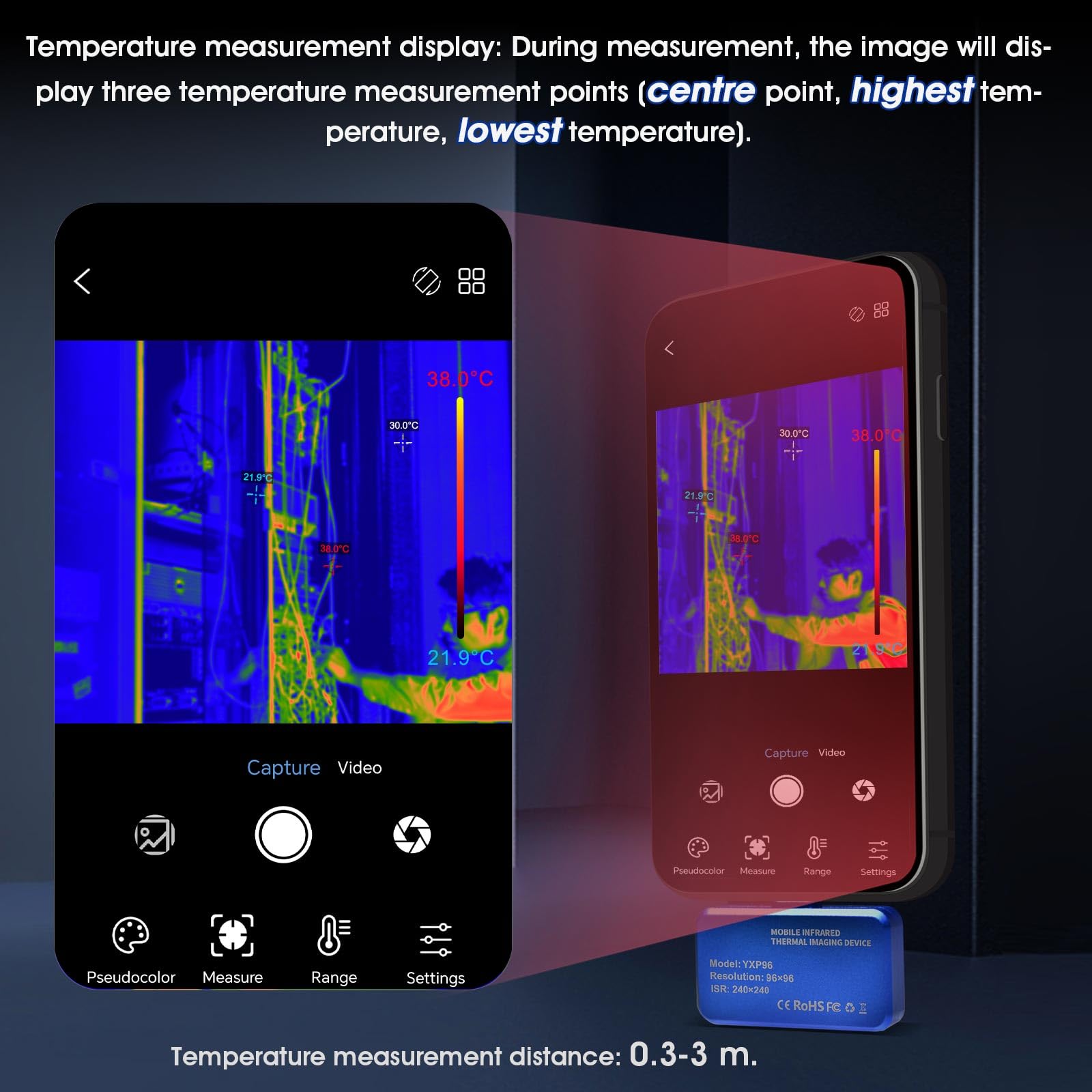 YXP96 - Cámara térmica térmica por infrarrojos para smartphone, resolución de 96 × 96, medición de temperatura de -20 °C a 550 °C, frecuencia de imagen de 25 Hz, puerto USB-C, Android OTG, Plug and