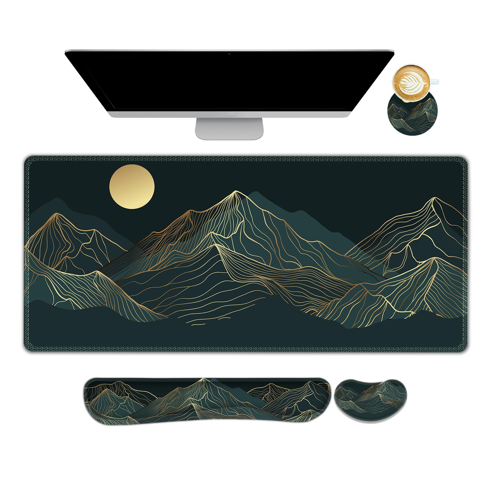 AIMSA Keyboard & Mouse Pad Set, Extended Desk Mat + Ergonomic Mouse & Keyboard Wrist Rest Support, 35x15.7in Abstract Gold Sun Mountain