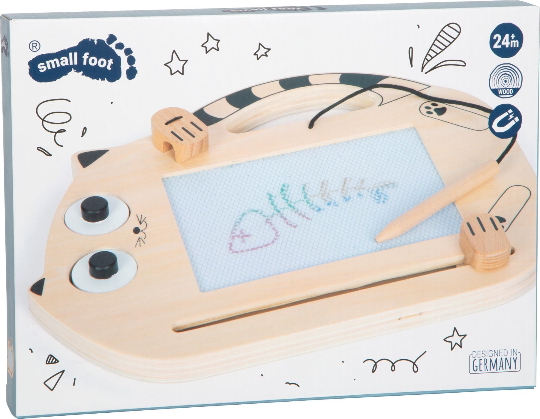 Small Foot Pizarra Magnética Mágica Gato, Madera, Tablero con bolígrafo, Sellos, portátil, a Partir de 2 años, 12604