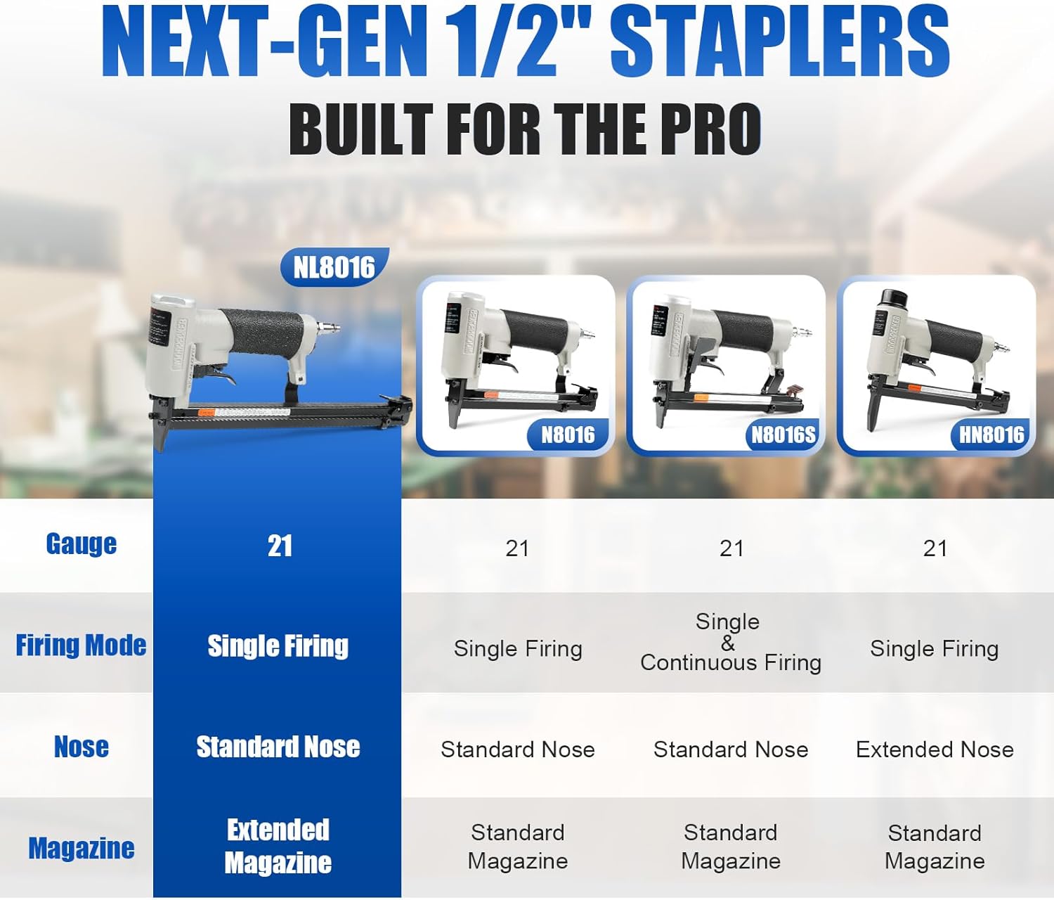 WOODPECKER NL8016 Pneumatic Upholstery Stapler with Extended Magazine, 21 Gauge 1/2'' Crown Staples, 80 Series Air Staple Gun for Woodworking, 1/4" to 5/8"