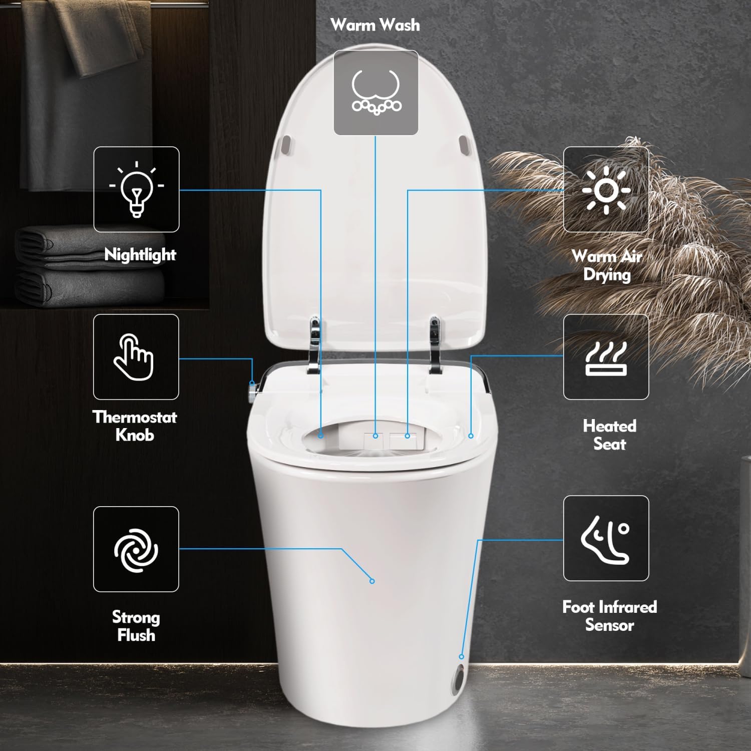 Luxury Smart Toilet with Dryer and Warm Water, Heated Seat, Remote Control, Lighted, Soft Close Cover