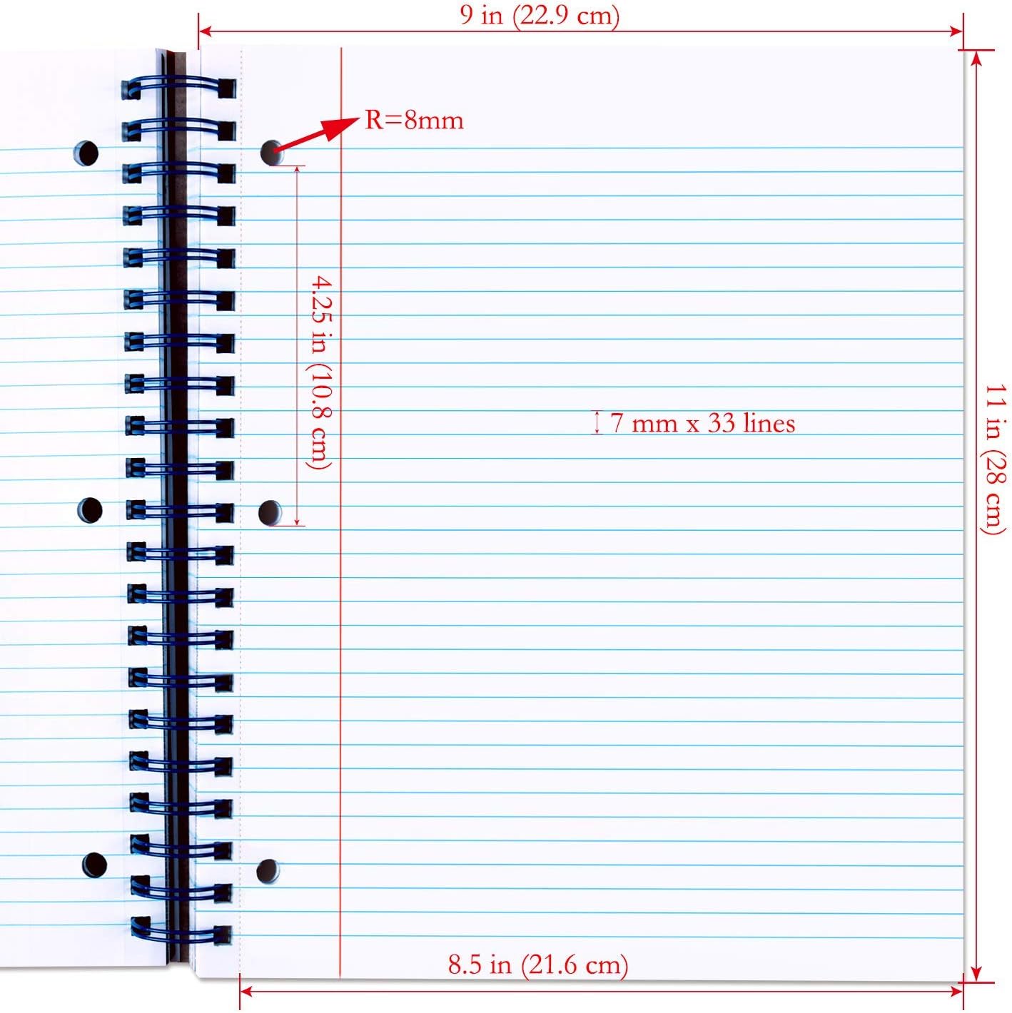 KAISA Spiral Notebook Wirebound Note Book, 5 Subject, College Ruled 8.5"x11" With Divider Pockets, 3-Hole Punched Perforated Pages Notebook 1pc, S07242-apple