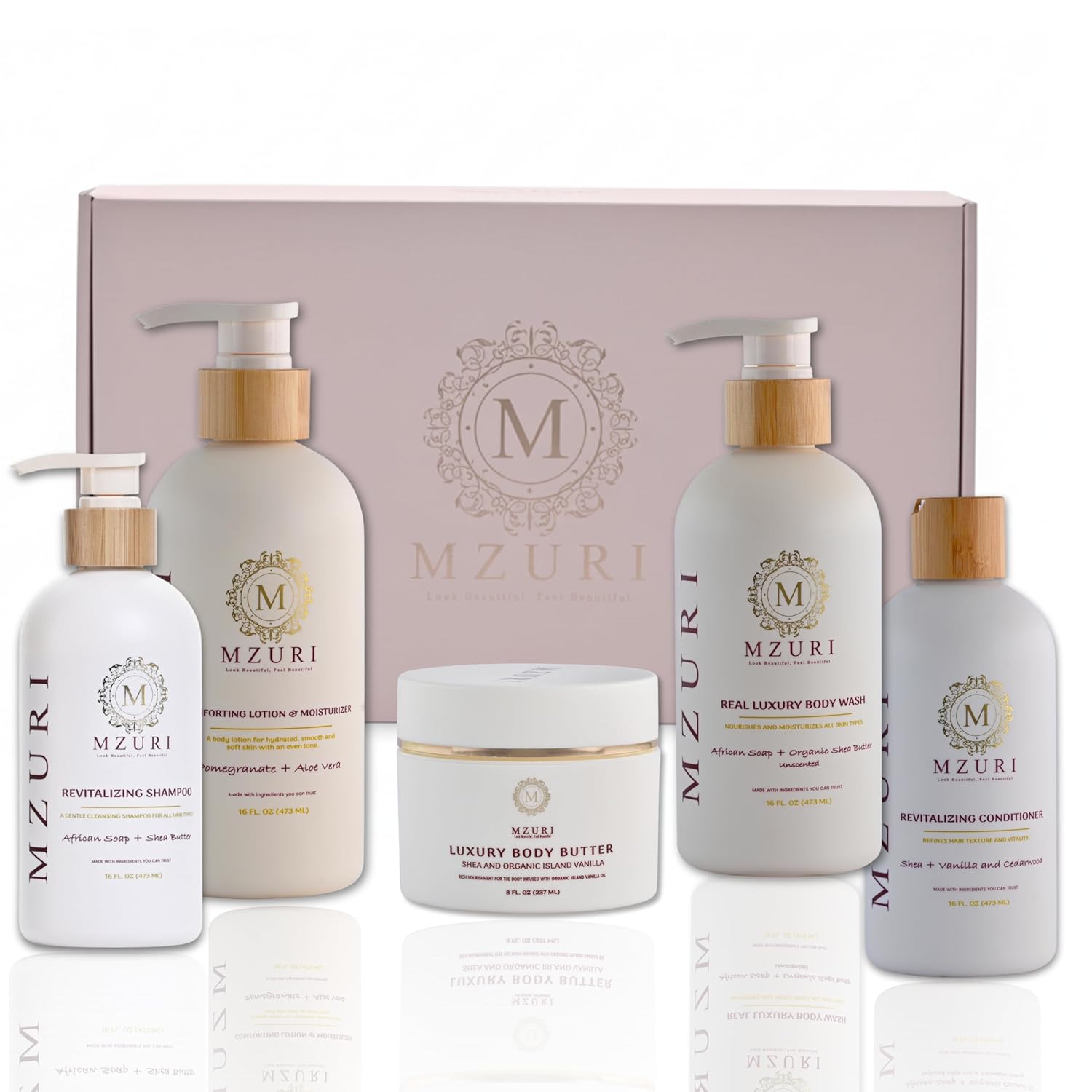 MZURI Luxury 6-Piece Spa Kit - Unisex - Vanilla & Pomegranate Blend -Body-Wash (Unscented), Lotion, Butter, Shampoo & Conditioner + free African Net Sponge – Self-Care Gift Set for Dry/Sensitive Skin
