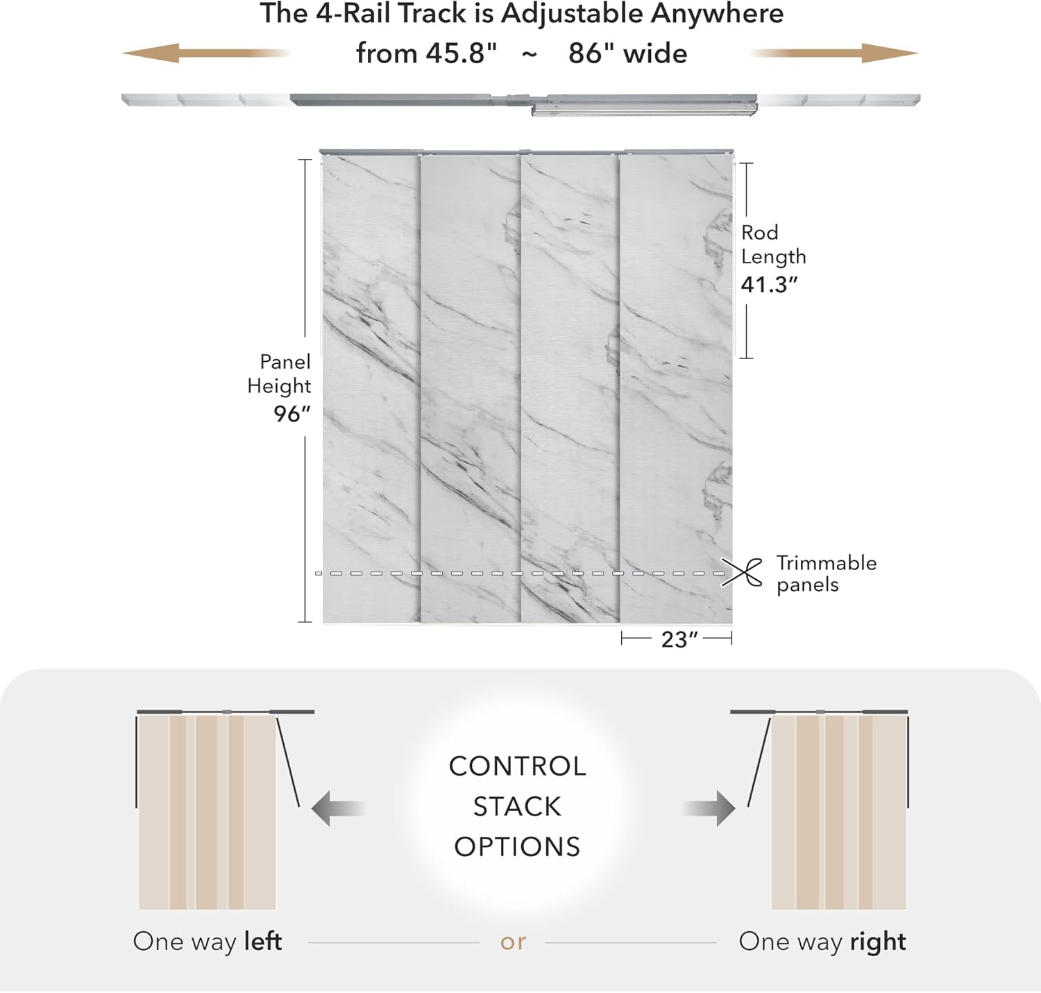 GoDear Design Deluxe Adjustable Sliding Panel Track Blind 45.8"- 86" W x 96" H, Extendable 4-Rail Track Blind for Patio Door, Trimmable Pleated Natural Woven Fabric, Marble Printed Pattern, Statuario
