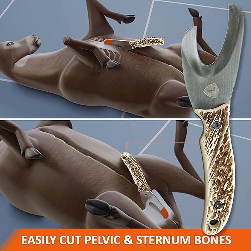 Miniatura 7 de Kit de aderezo de campo  Super herramienta 3 en 1 con funda y afilador  Cuchillo de desollar para caza  Gancho intestinal  Juego de cuchillos de