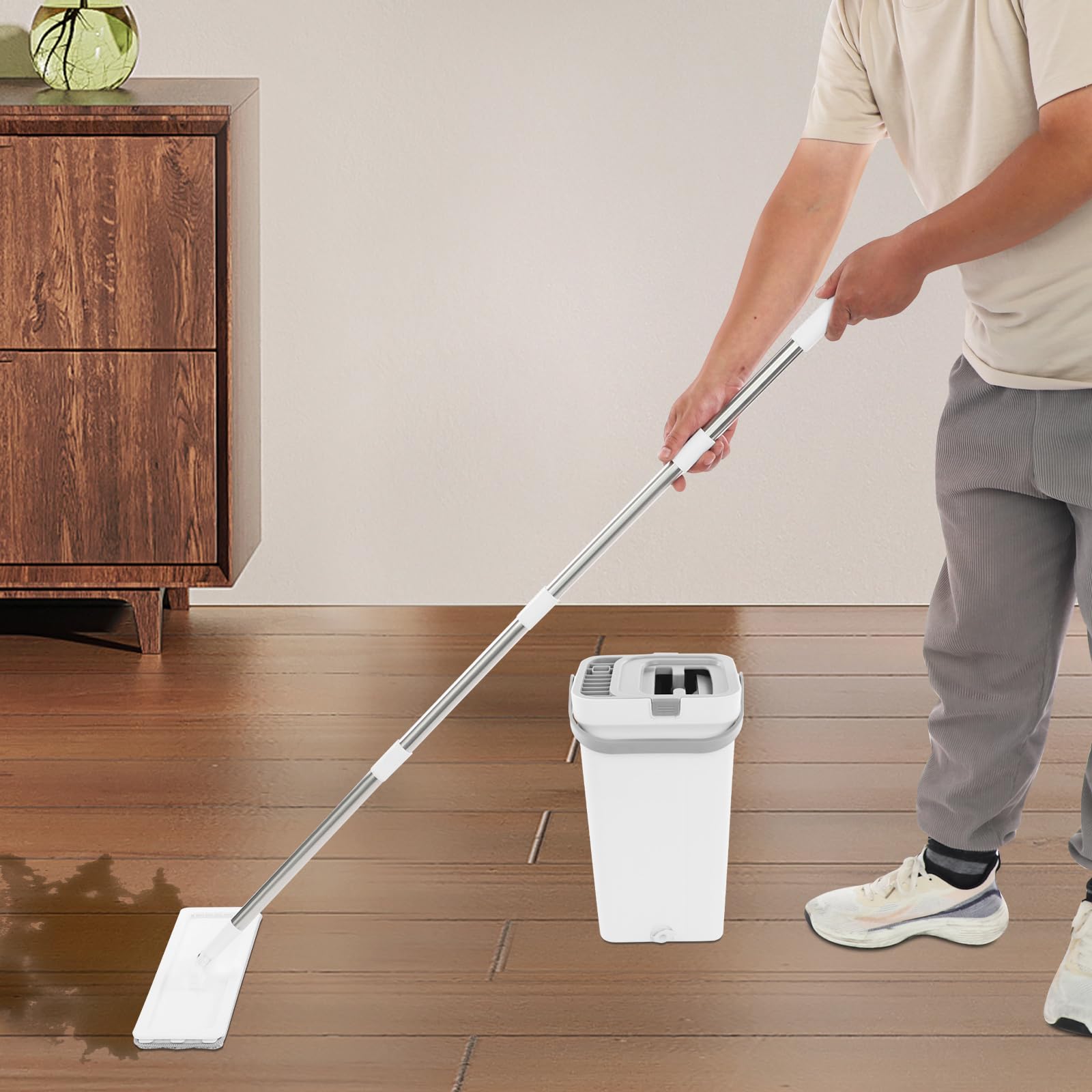Set mocio con secchio, funzione strizzante, sistema a 2 camere, bianco