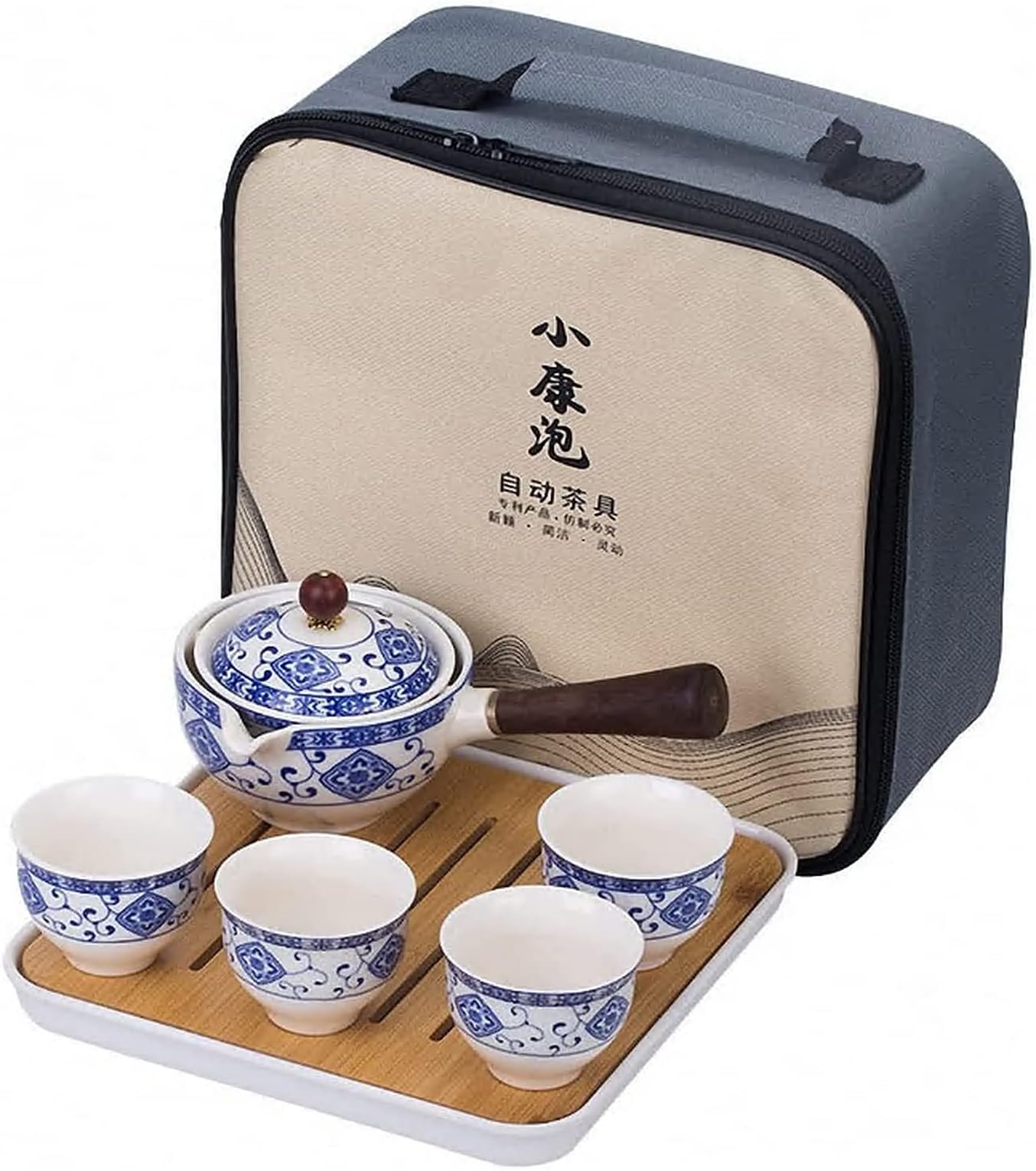 Youngky Porcelain Chinese Ceramic Gongfu Tea Set,Portable Travel Tea Set with 360 Rotation Tea maker and Infuser, All in One Gift Bag for Travel,Home,Gifting,and Office (White Blue)