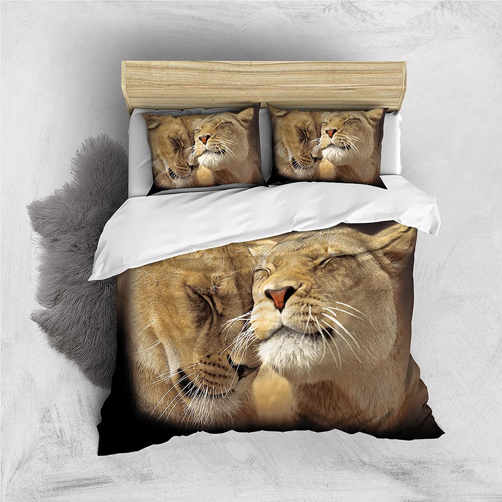 Karever Lion Duvet Cover Set Wild Lion Short Hair Couple Print Bedding Set King 3pcs for Kids Boys Teens 3D Animal Theme Comforter Cover African Wildlife Quilt Cover with 2 Pillowcase