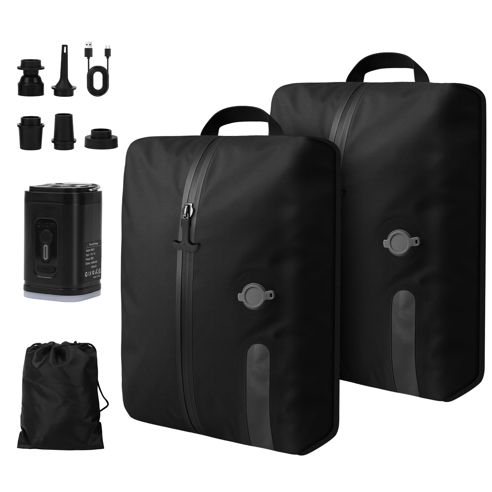 WingFly Bolsa al vacío para ropa de viaje con bomba inalámbrica, IP67 bolsa de compresión reutilizable para maleta y mochila, ahorra espacio, ligera y duradera (negro, 2 piezas + bomba)