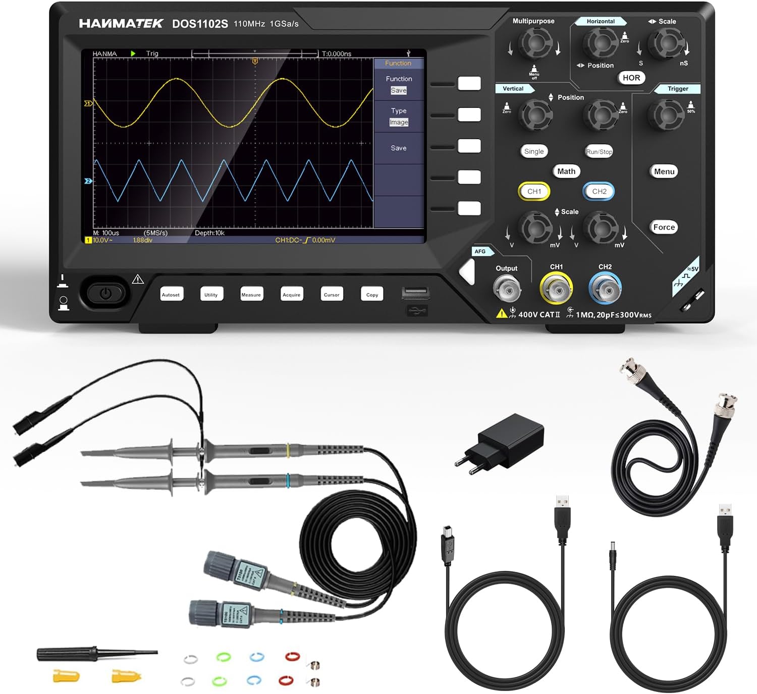 2 in1 Digital Storage Oscilloscope with Built-in Waveform Generator, 110MHz Bandwidth, 2 × 500MSa/s Sampling Rate, Dual-Channel DOS1102S