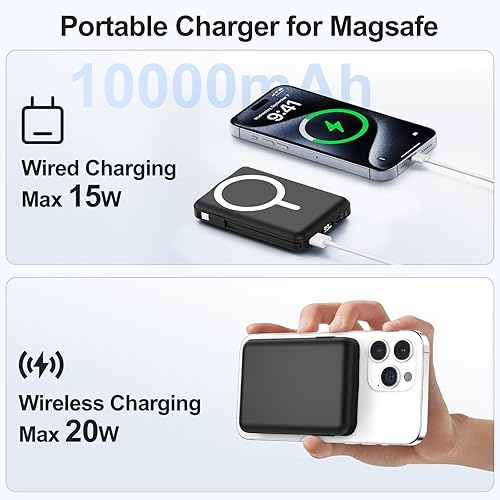 Miniatura 3 de Cargador portátil Magsafe - Batería de 10000 mAh para Magsafe con cable USB-C y PD 20 W USB C pantalla LED de carga rápida, banco de energía