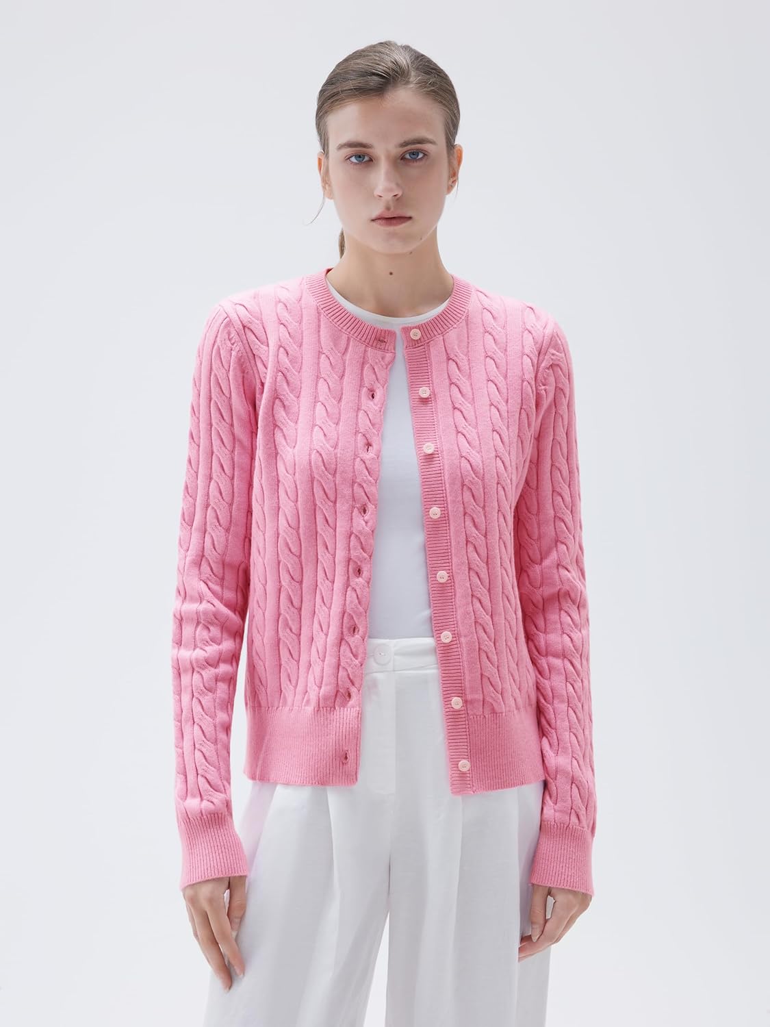 SUUKSESS Women Cable Knit Cashmere Blend Sweaters Crew Neck Button Up Chunky Cardigan Long Sleeve Fall Outfits - Image 7