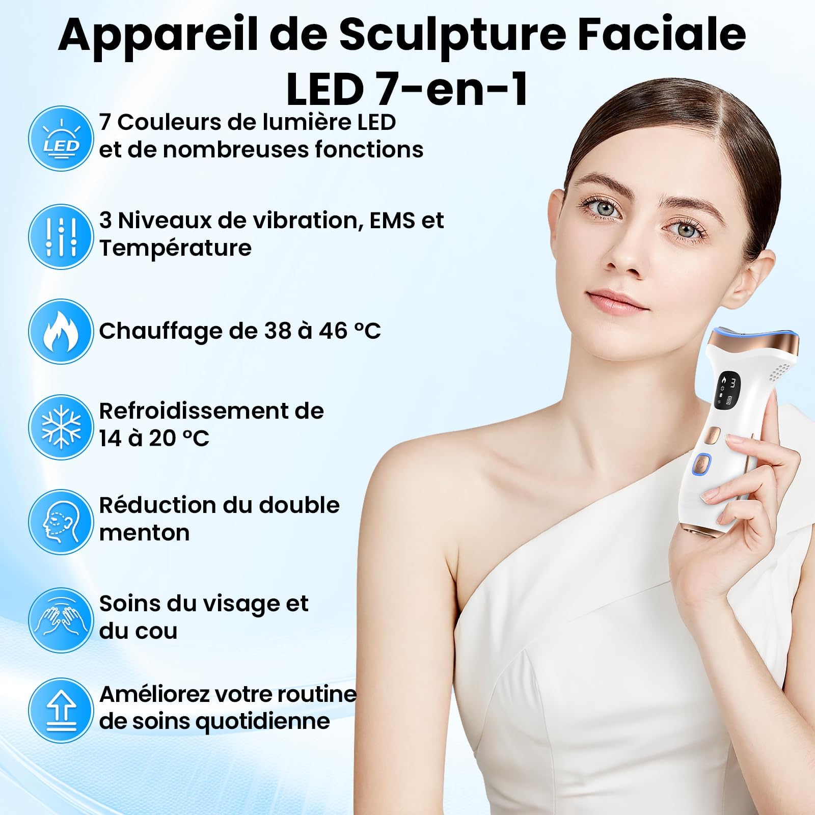 Massage Visage Appareil Anti Rides: Masseur Double Menton Lifting à 15°C Froid et 45°C Chaleur - Appareil de Beauté Electrique à 7 Modes LED 7 Couleurs - EMS Appareil Cou de Gua Sha Visage, Blanc