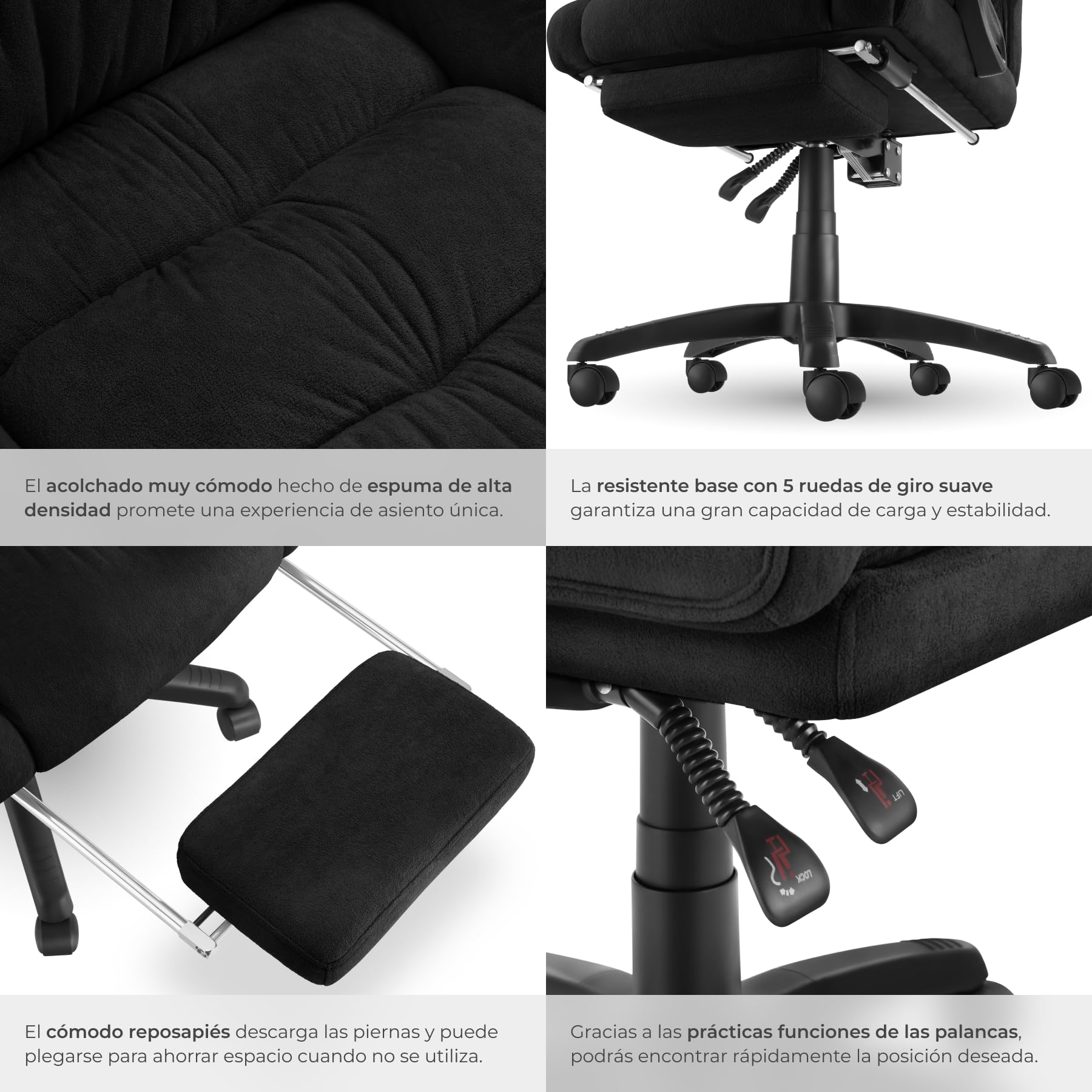 tectake® Silla Oficina Ergonomica con Reposapiés Desplegable, Mobiliario de Oficina, Reposabrazos Ajustables, Sillas Oficina, Sillón, Silla Escritorio, Sillas Escritorio - Negro