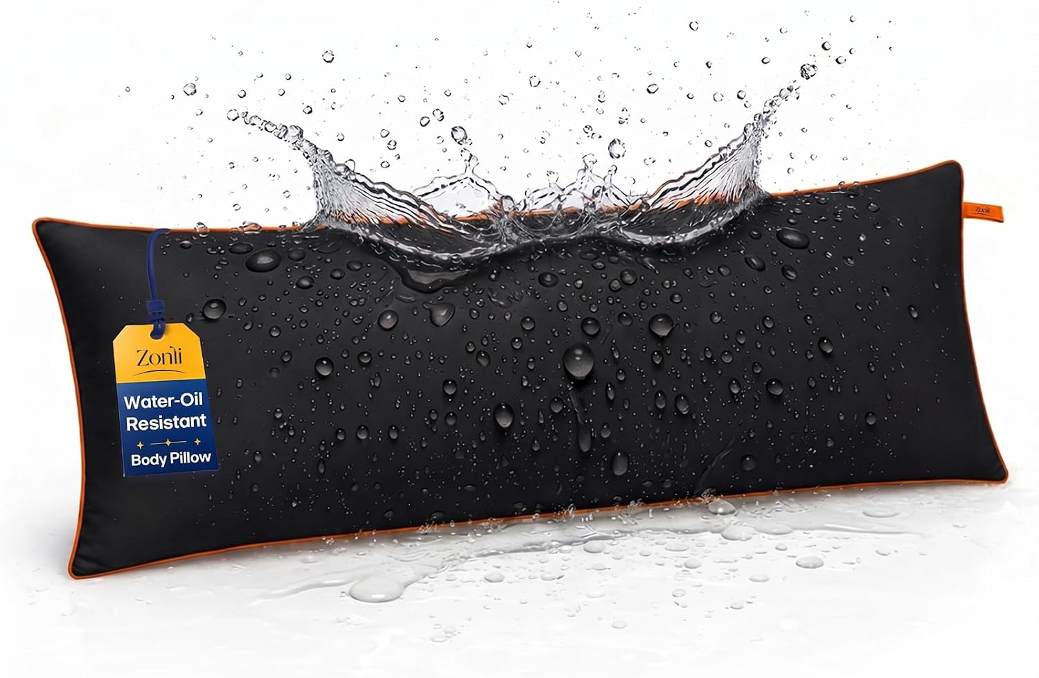 ZonLi Spill and Stain Repellent Body Pillow for Adult Side Sleepers, Memory Foam Insert Long Body Pillow with Orange Piping & Woven Hanging Loop, 20 x 54 Inch, Black