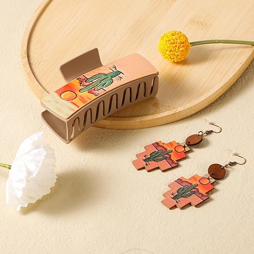 Miniatura 4 de 4 pinzas para el cabello de cuero occidental para mujer, girasoles, sol, horquillas cuadradas y aretes a juego, pinzas grandes para el cabello