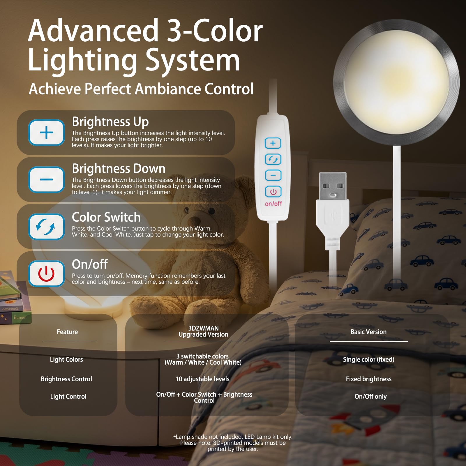 3x Kit de Lampe LED 001 compatible avec Bambu Lab A1 mini/A1/P1S/P2S/X1C et Makerworld pour impressions 3D, 3 températures de couleur, mémoire de couleur, pièces détachées DIY pour matériel