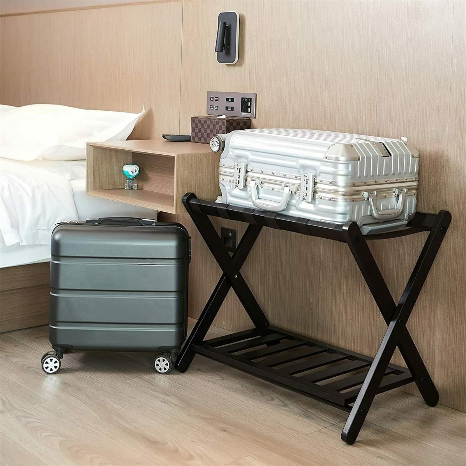 Porta Maletas Hogar Soporte Plegable De Bambú para Maleta con Estante Almacenamiento, para Equipaje para Habitación Hotel Y Invitados Portaequipajes Invitados