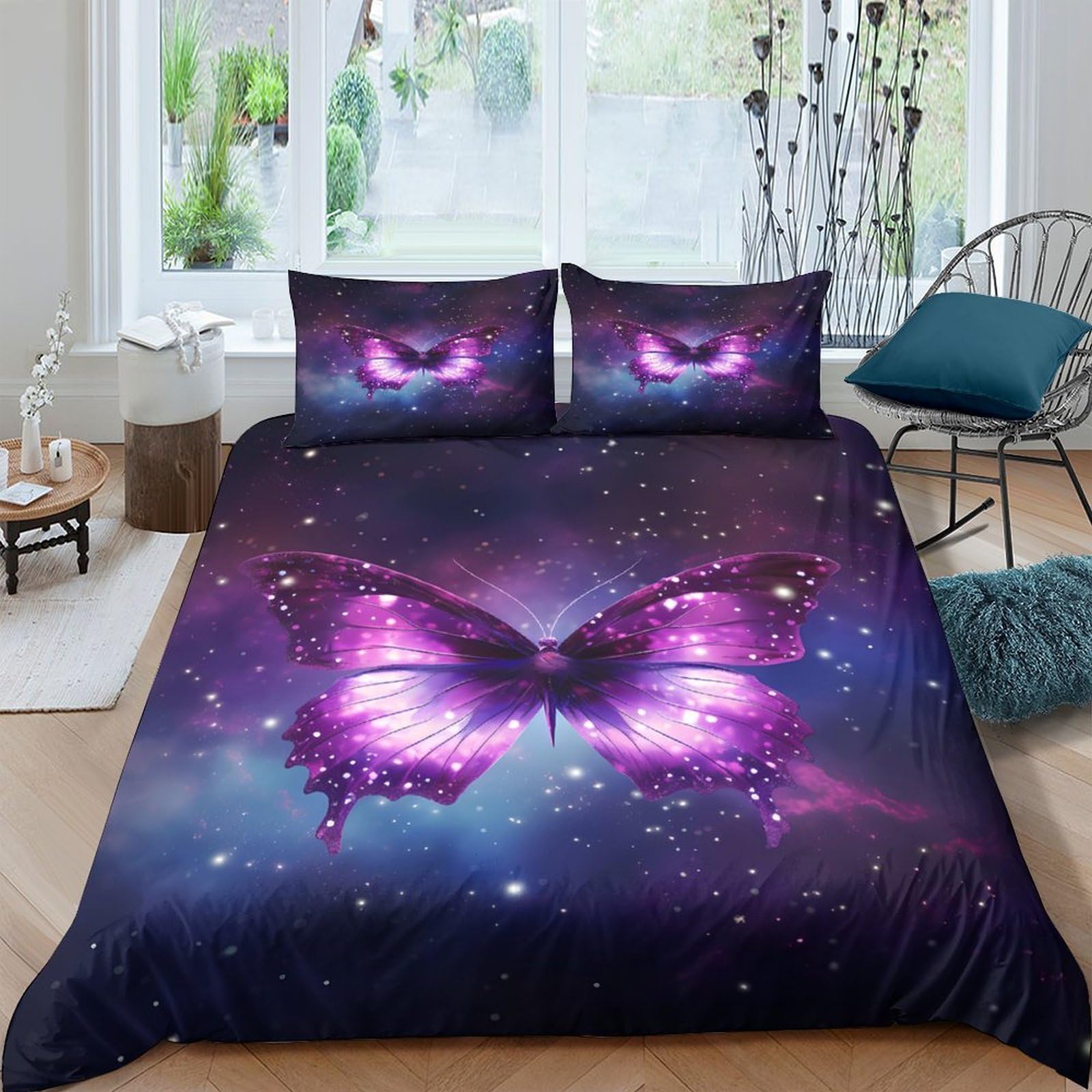 GPLZQXKJNH 3D Printed Purple Galaxy Butterfly Duvet Cover Set Microfiber Soft Breathable Nebula Quilt Cover with 2 Pillowcases for Bedroom Decor Single（135x200cm）
