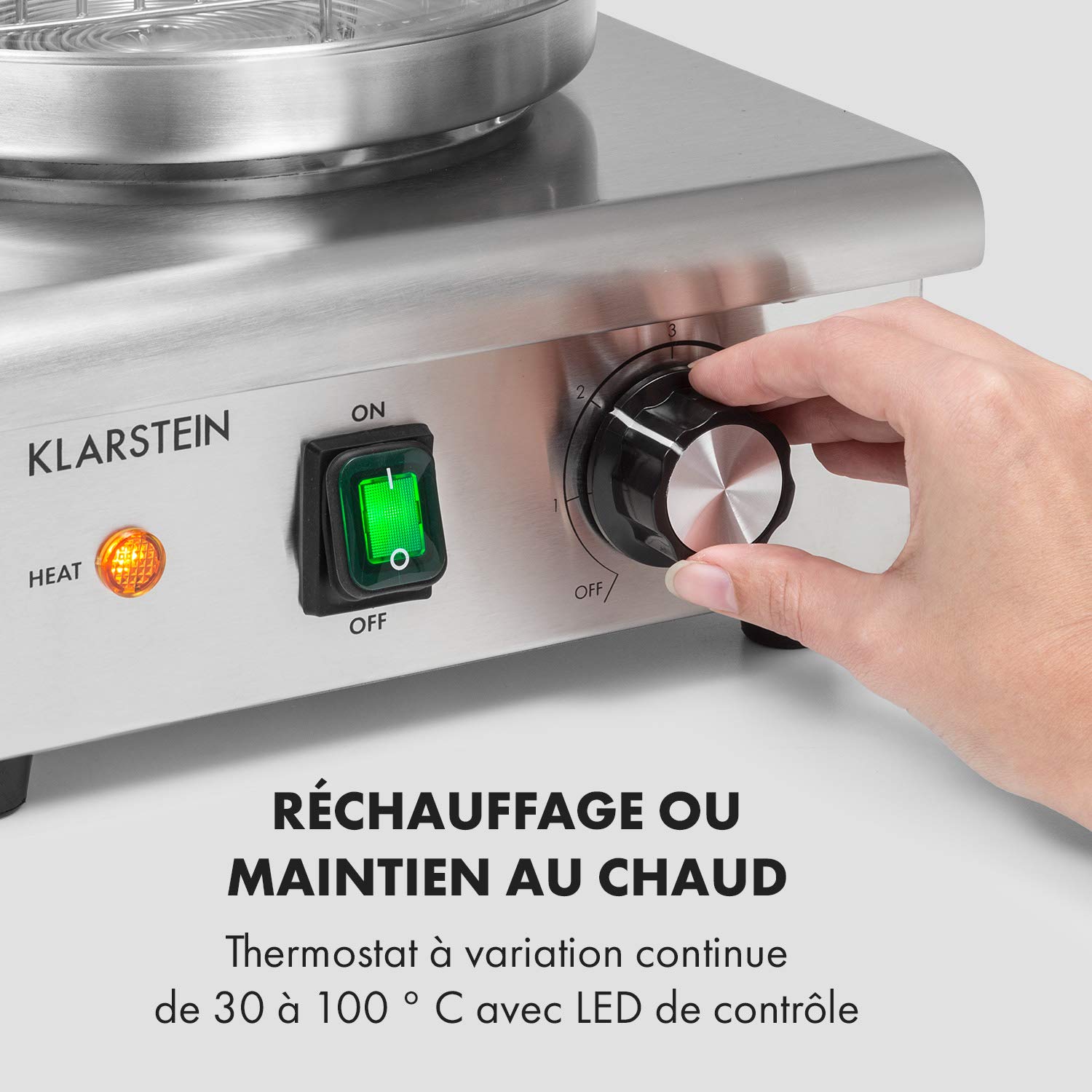 Klarstein Pro Wurstfabrik 450 Hot Dog Maker professionnel : 450W, 30-100 °C, cylindre en verre: Ø 20 cm, cage en inox: Ø 17 cm / 5 litres, acier inoxydable, réservoir à eau : 1,1 litre, argent