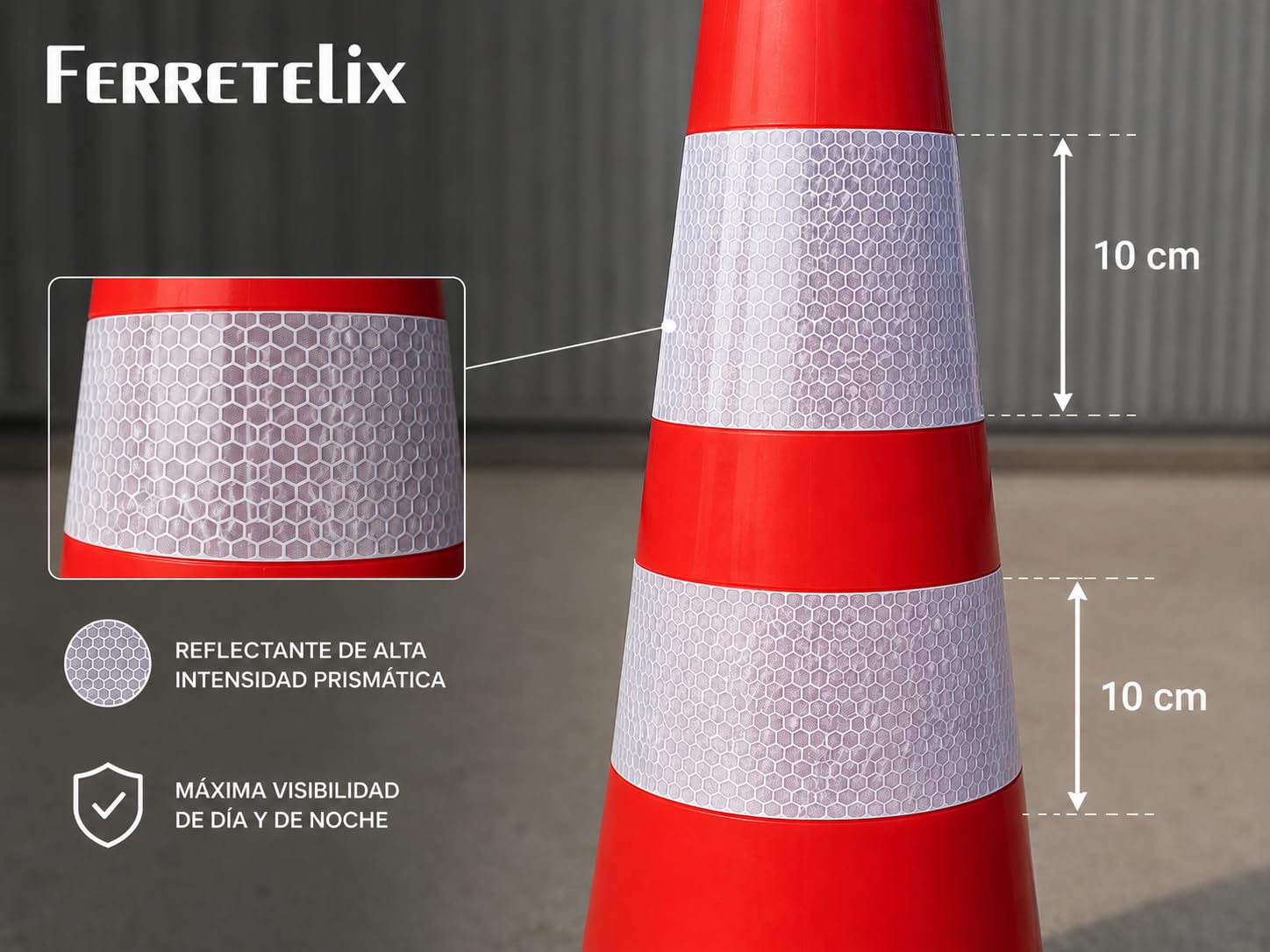 FERRETELIX® Cono de Señalización con Base de Goma 75 cm – 2 Reflectantes Base 38x38 cm – Peso 2,75 kg – Fabricado con Material Reciclado