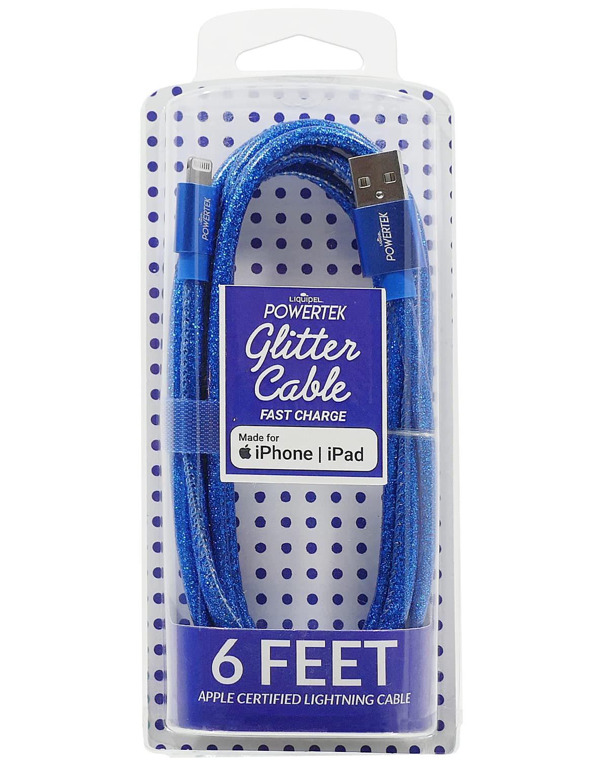 Liquipel Powertek Glitter MFi Certified Charger Compatible for Apple iPhone, iPad, 6ft Cable, Lightning to USB Cable Cord, Fast Charging Lightning Cable (Navy Blue)