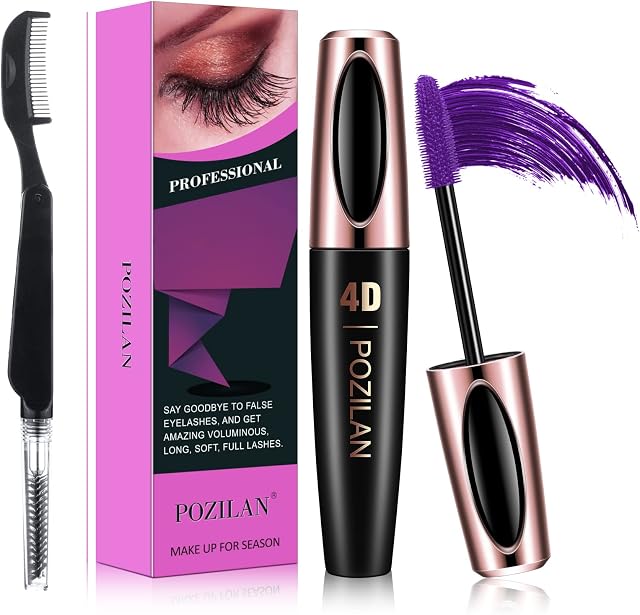 4D Silk Fiber Lash Mascara Waterproof Purple with Folding Eyelash Comb Brush - Lengthening, Volumizing, Long-Lasting, Natural Eye Makeup (02 Purple)