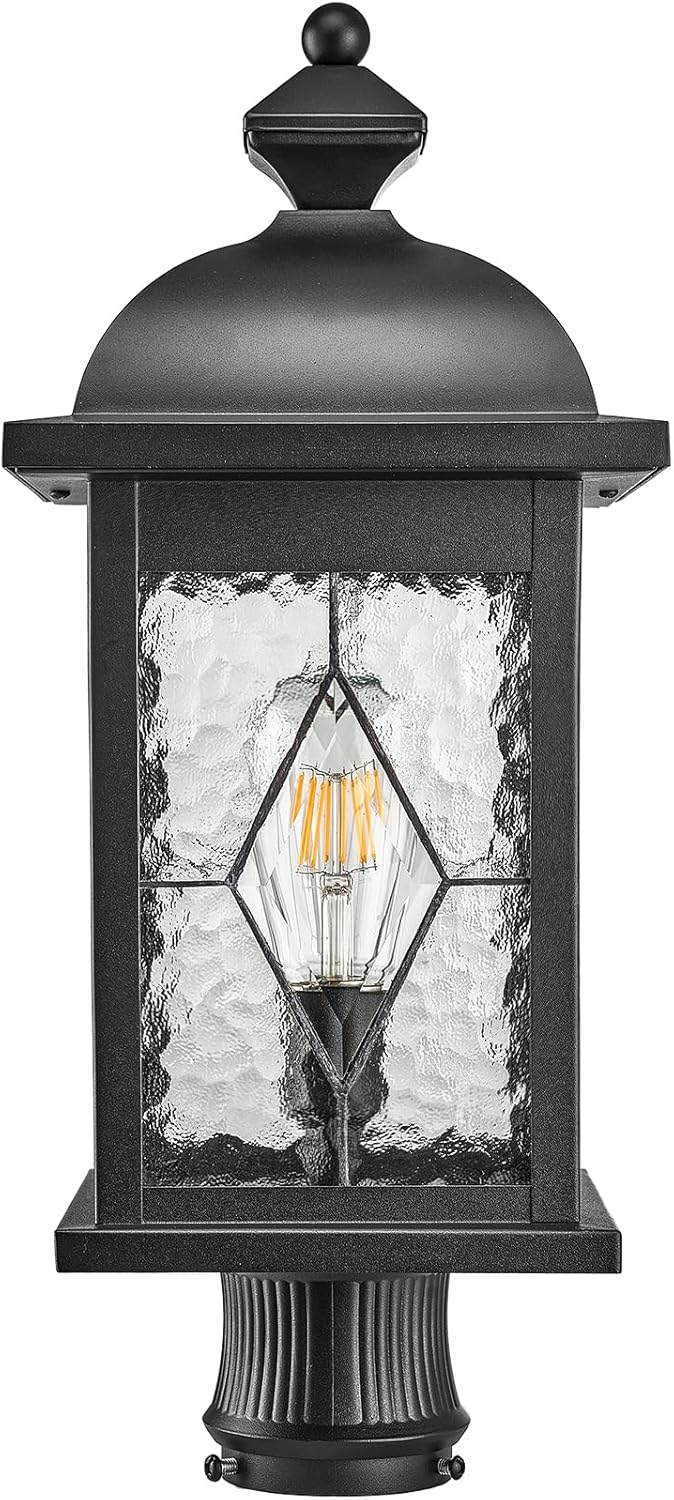 Outdoor Post Lights Exterior Pillar Lantern with Water Ripple Handmade Glass Black Finish 21 Inch Height Large Size Outdoor Post Lighting Fixtures for Walkway Porches Doorway or Garden Black 21.2 inch