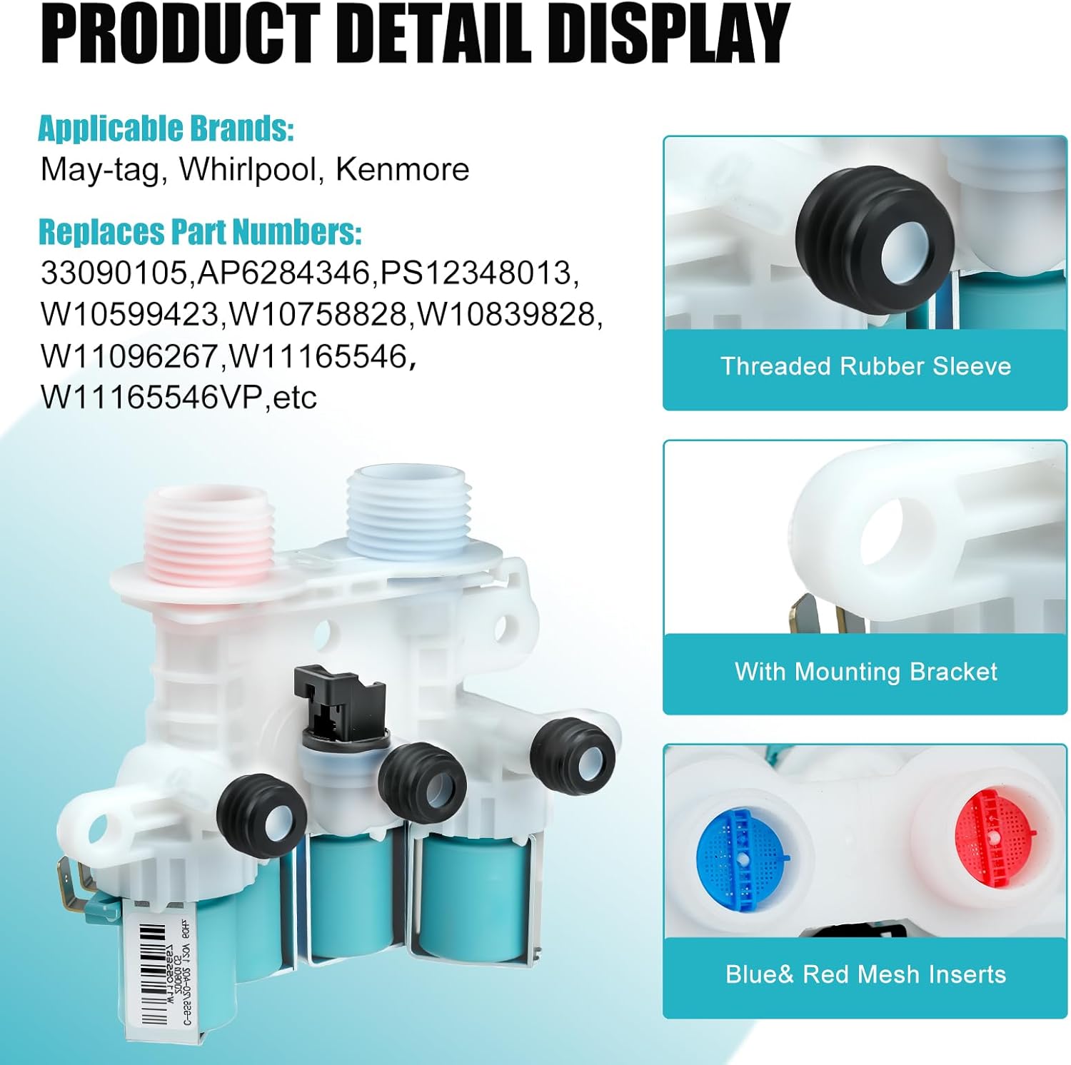 UPGRADED W11165546 W10758828 Washer Water Inlet Valve Compatible with whirlpool Kenmore Maytag Washing Machine Parts Replaces 33090105 W10599423 W11096267 W10758828 W11165546VP WM0642HW MAH7500AWW