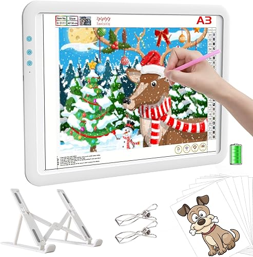 YINGWOND Almohadilla de luz LED A3, caja de luz recargable de rastreo, 3 colores de luz, 6 brillo ajustable, regulable continuo, batería incorporada