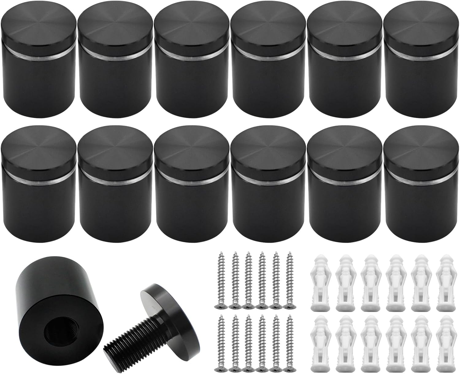 1“x 1“ Solid Aluminum sign standoffs wall mounts support advertising screws fixings bolts for acrylic frame picture billboard glass posters signs display 12PCS (Black anodized)