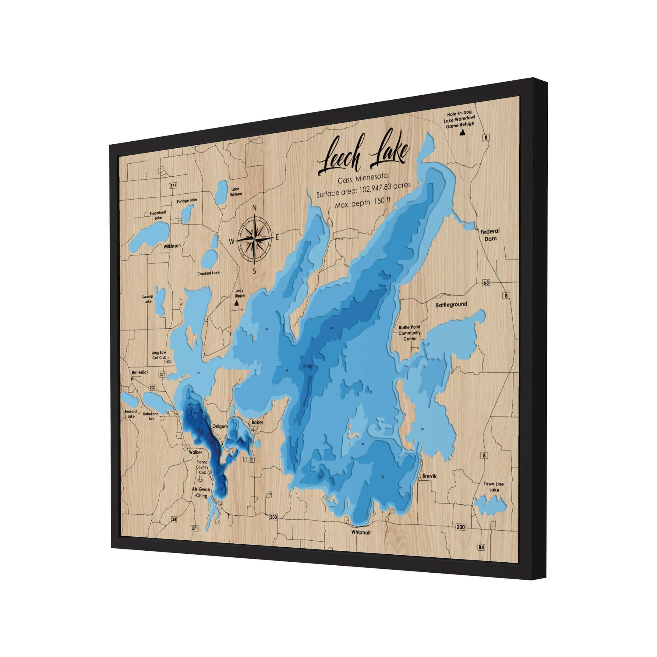 Moc Tho Custom 3D Wood Leech Lake Map - Blue - 8 Layers - Personalized Laser-Cut Nautical Chart Art, Rustic Wall for Lake House Décor, 5th Anniversary, Housewarming, Gifts for Dad Mom