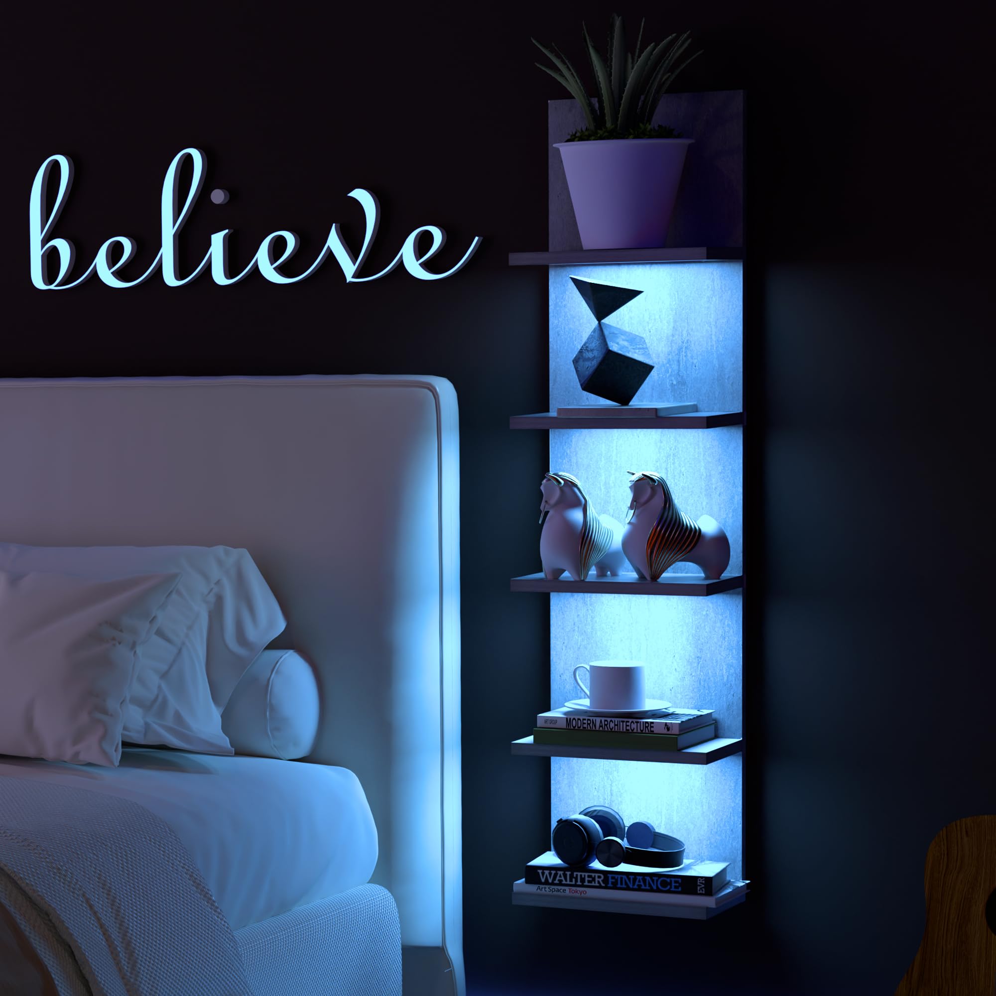 VIWODS Estantería de pared de 5 niveles con luz RGB, estante flotante para almacenamiento de pared, estante vertical montado en la pared con control remoto para dormitorio, sala de estar, tocador